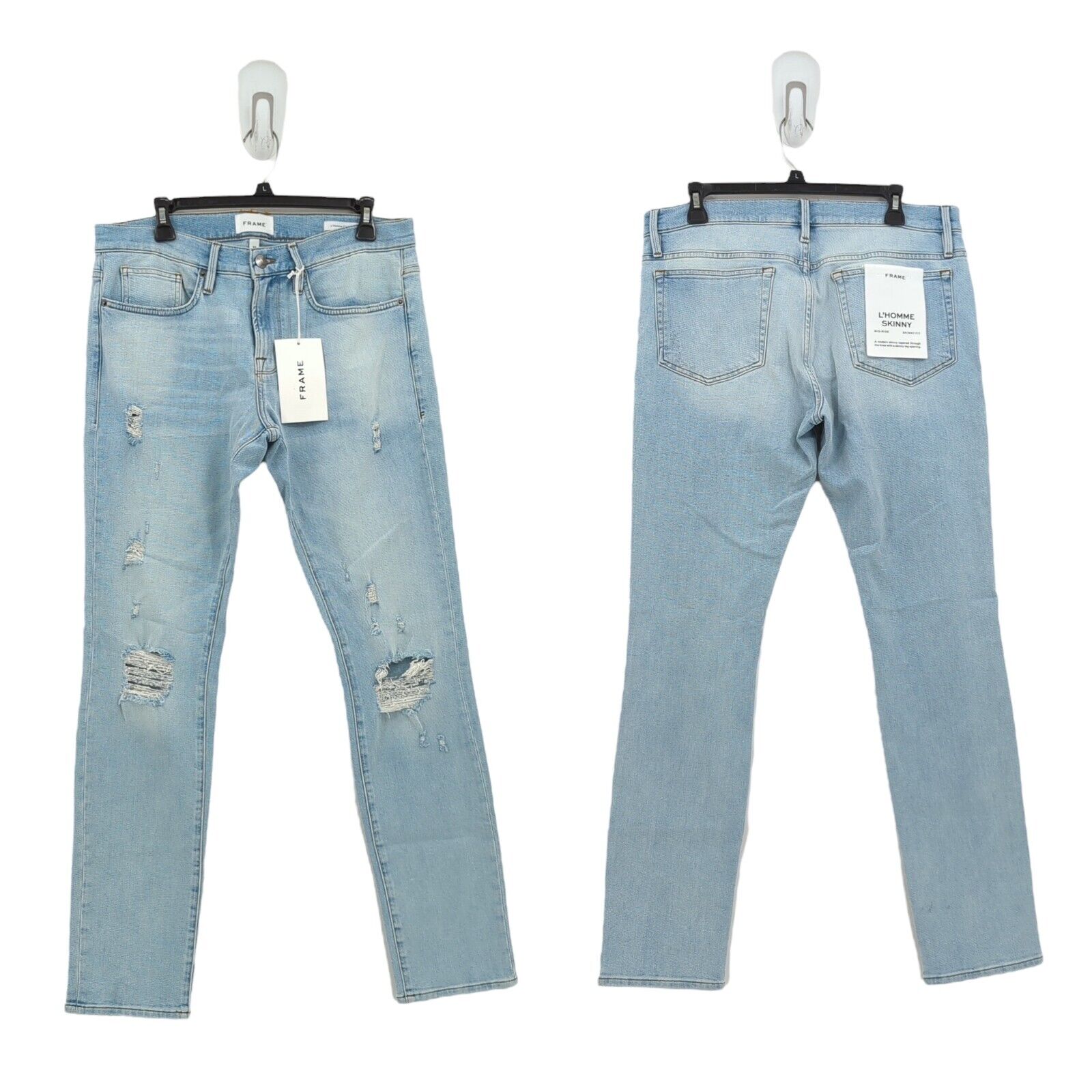 FRAME Men 32 L'Homme Jeans Tubman Blue Skinny Denim Distressed Whisker Mid Rise