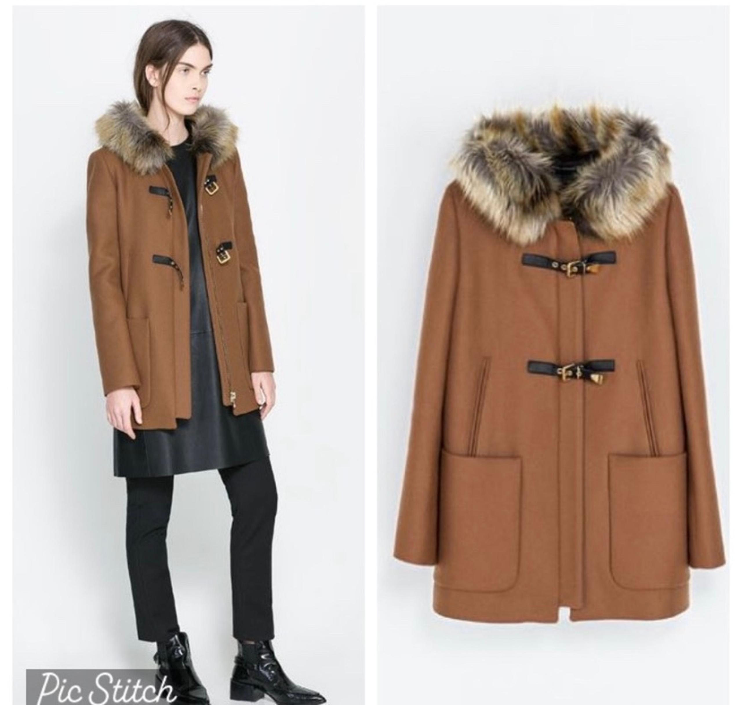 Zara Camel Color Wool Hooded Zip Up Long Coat Jacket size L