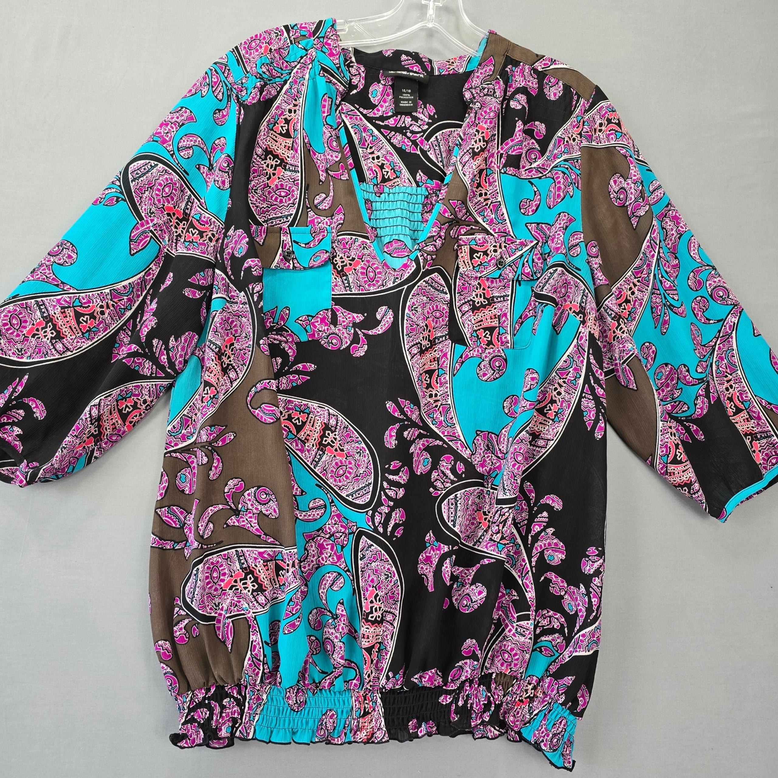 Lane Bryant Black Blue Shirt Preppy Boho Paisley V-Neck 3/4 Sleeves Women 14 Top