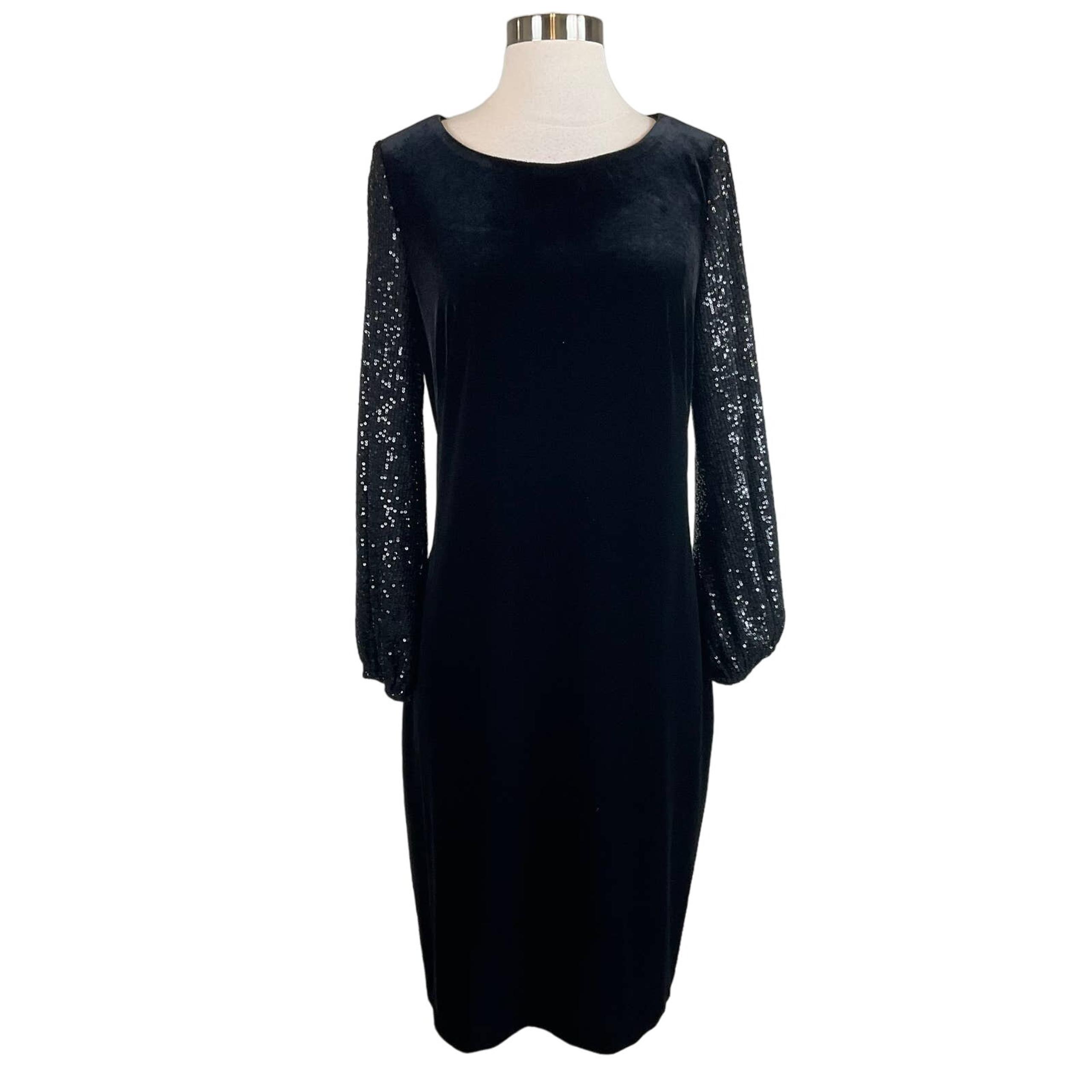 Alex Evenings Women's Cocktail Dress Size 14W Black Velvet Sequin Sleeve Sheath
