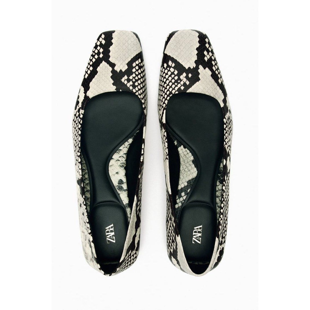 Like New- Zara Animal Print Leather Ballerinas Black and White - 37