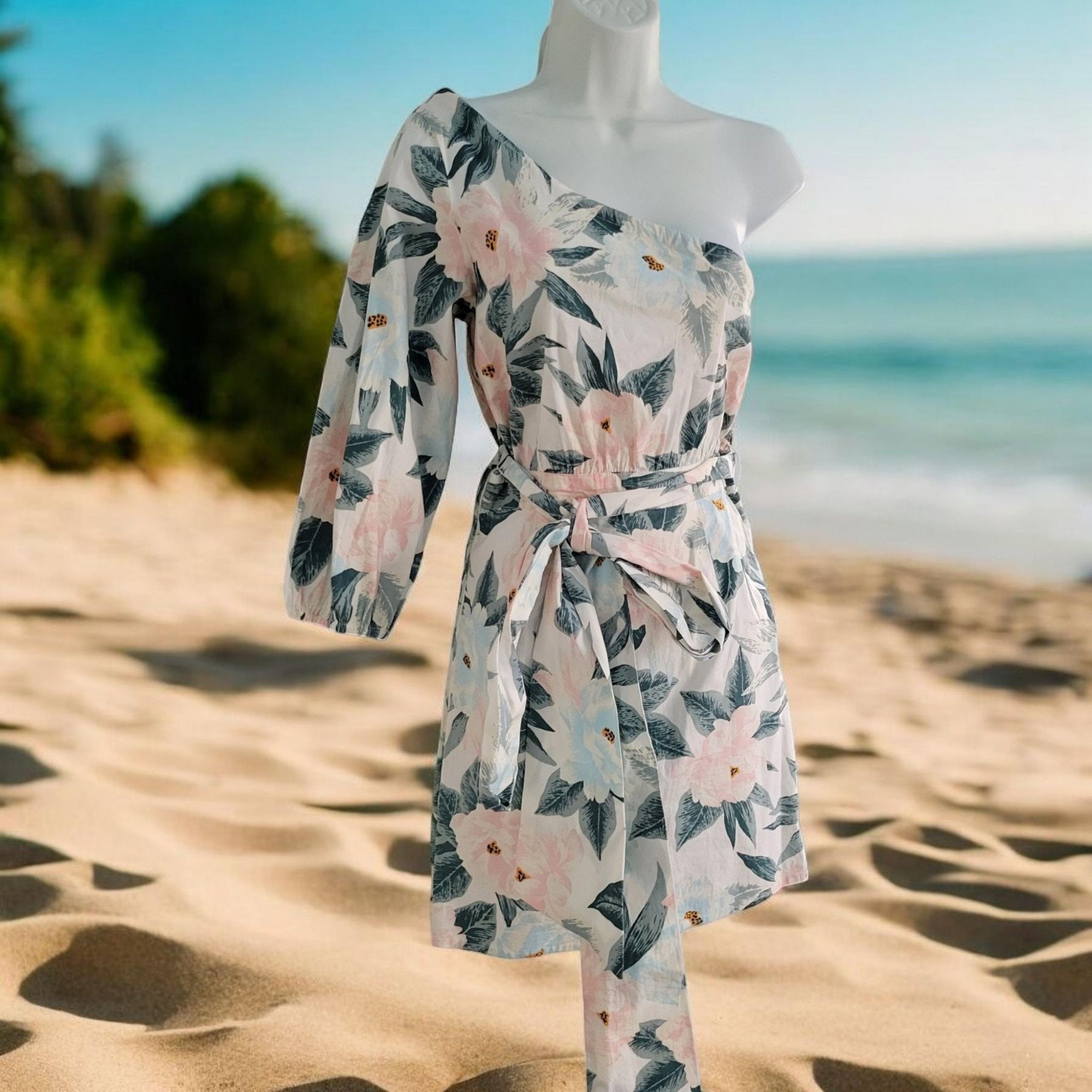 Billabong Hawaiian print Summer Dress Med Salty Blonde Asymmetrical Neckline
