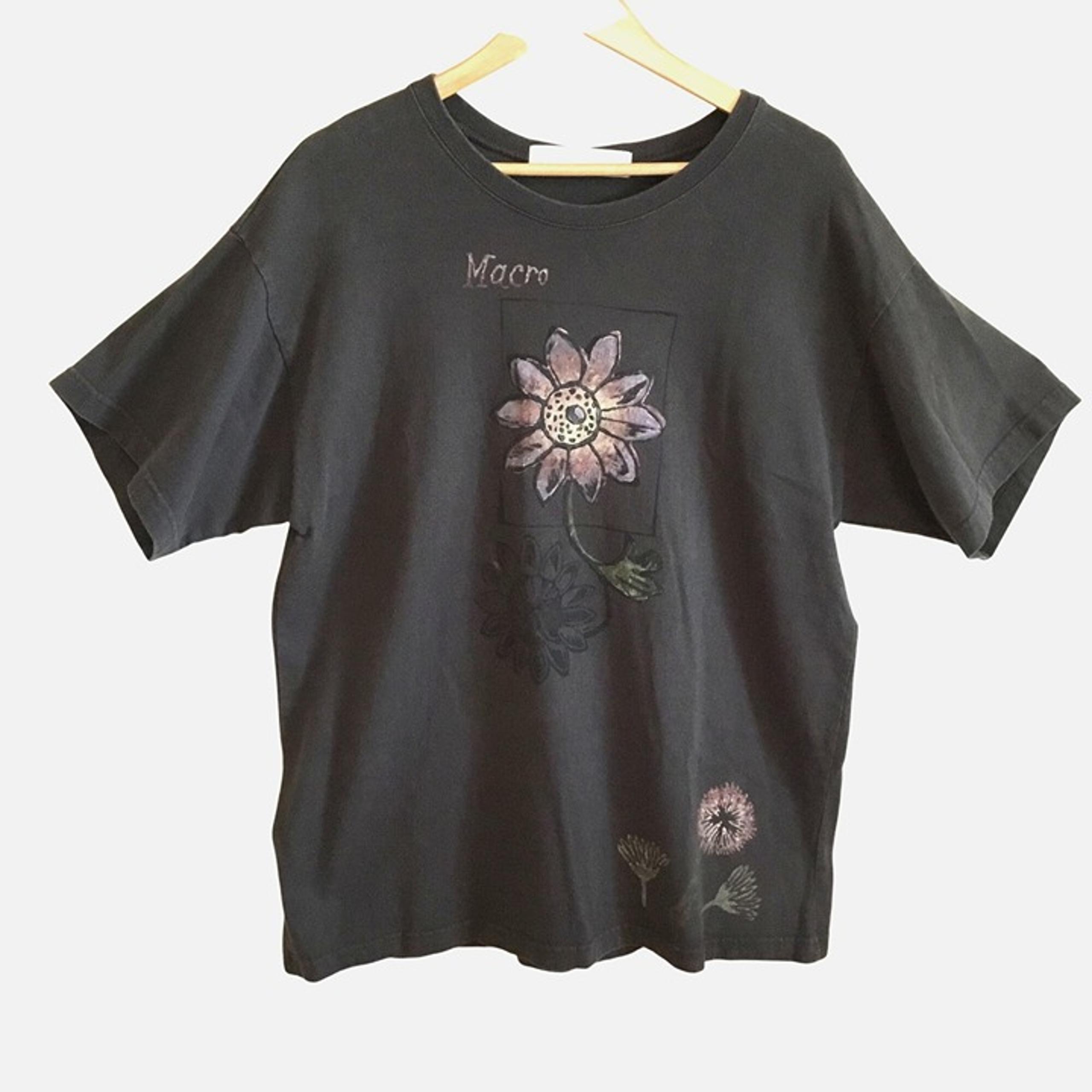 BLUE FISH 1998 Macro Flower Tee Gray Organic Cotton Shirt Women Lagenlook M USA