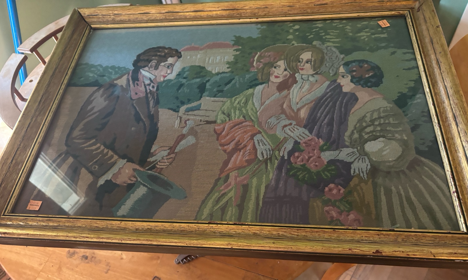 Vintage Needlepoint Art tapestry Victorian ladies and gentleman wooden frame