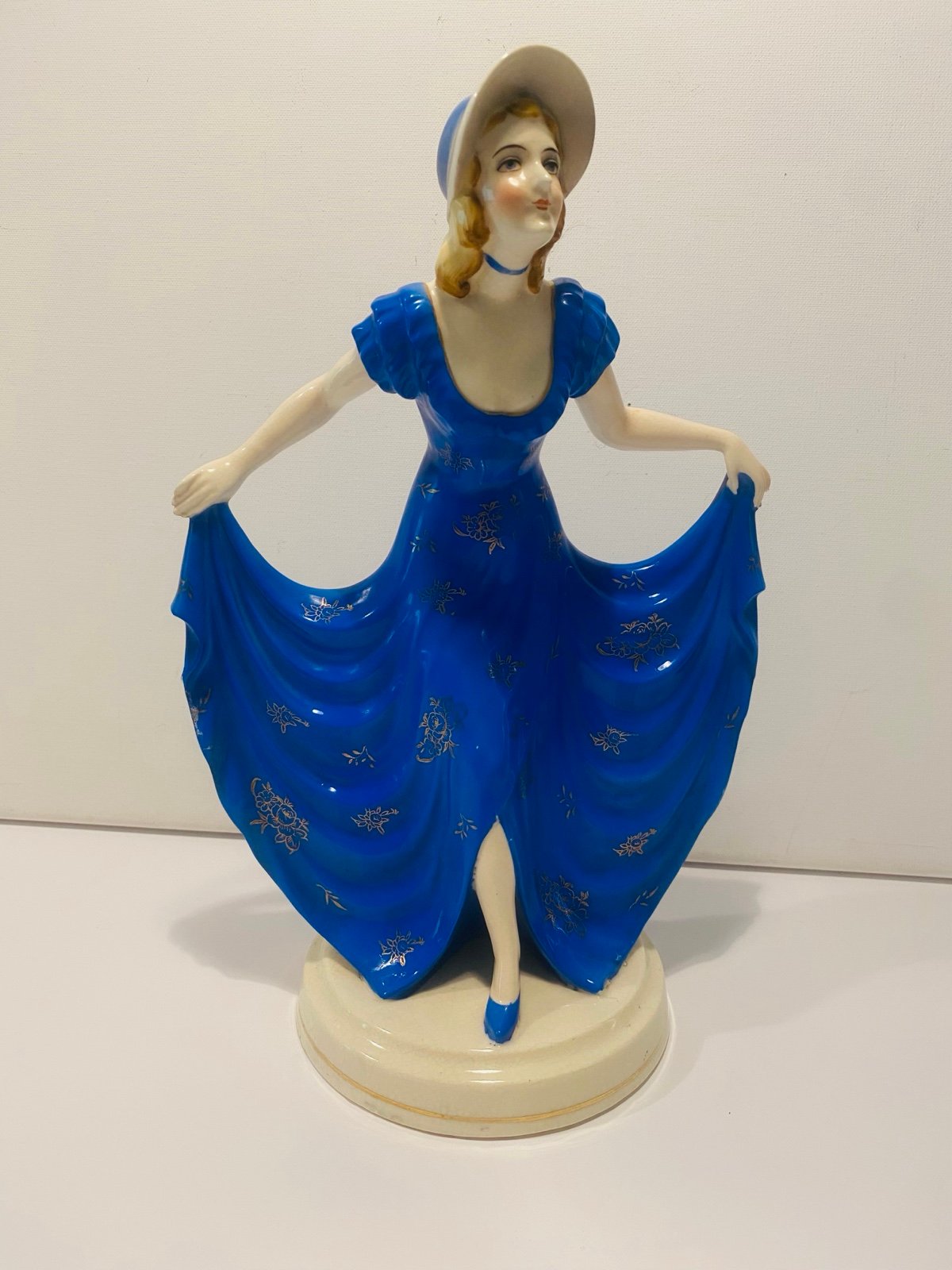Vintage Dancing Women in Blue Dress Porcelain Figurine Made in Japan 12” .
