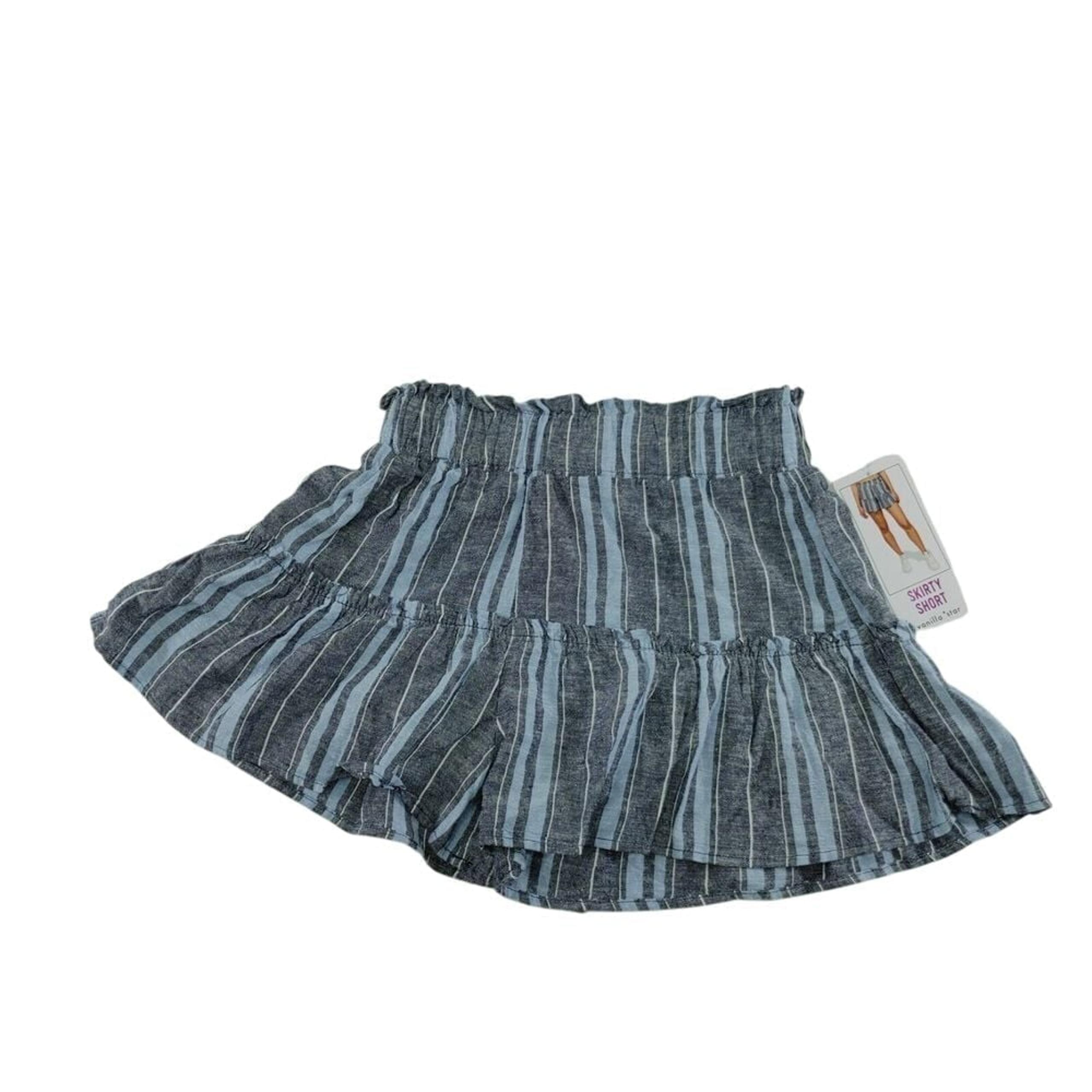 Vanilla Star Striped Linen Blend Short Grey Blue Ruffle Elastic Waist Size M