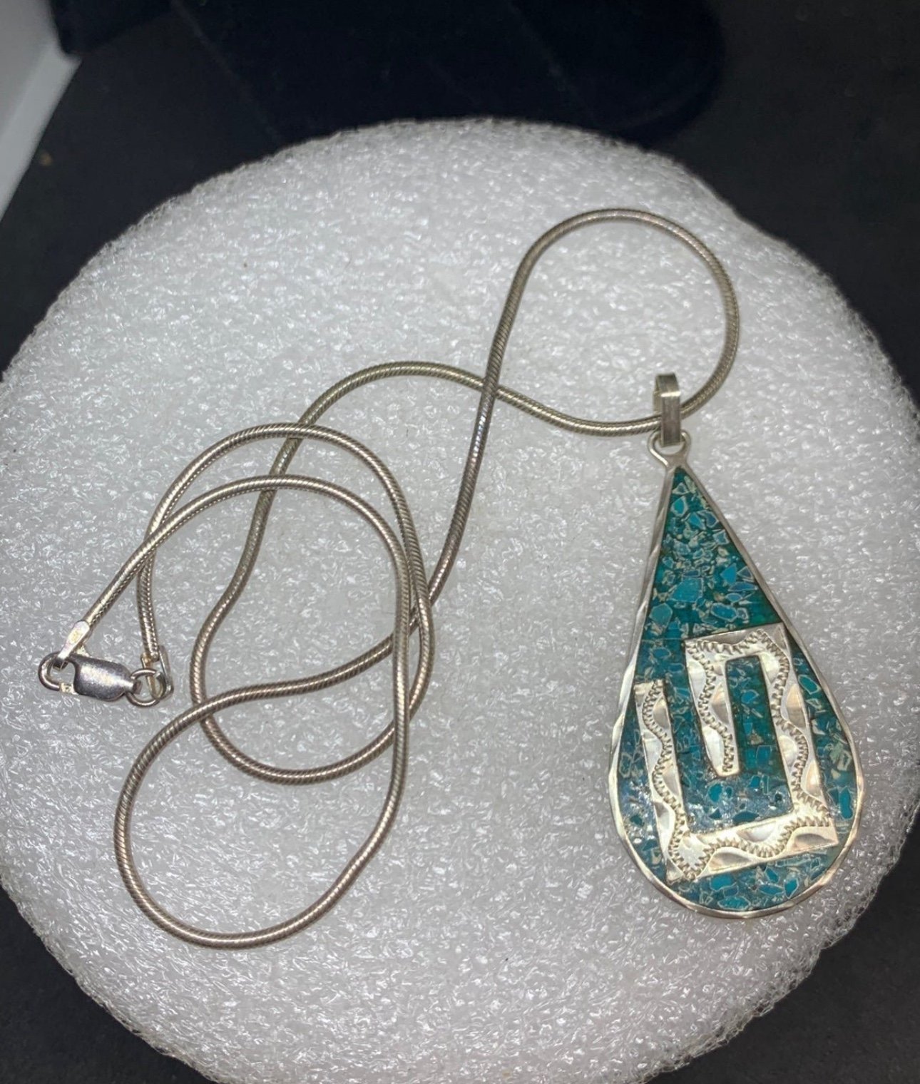Vintage Taxco Sterling Crushed Turquoise teardrop native pendant and snake chain