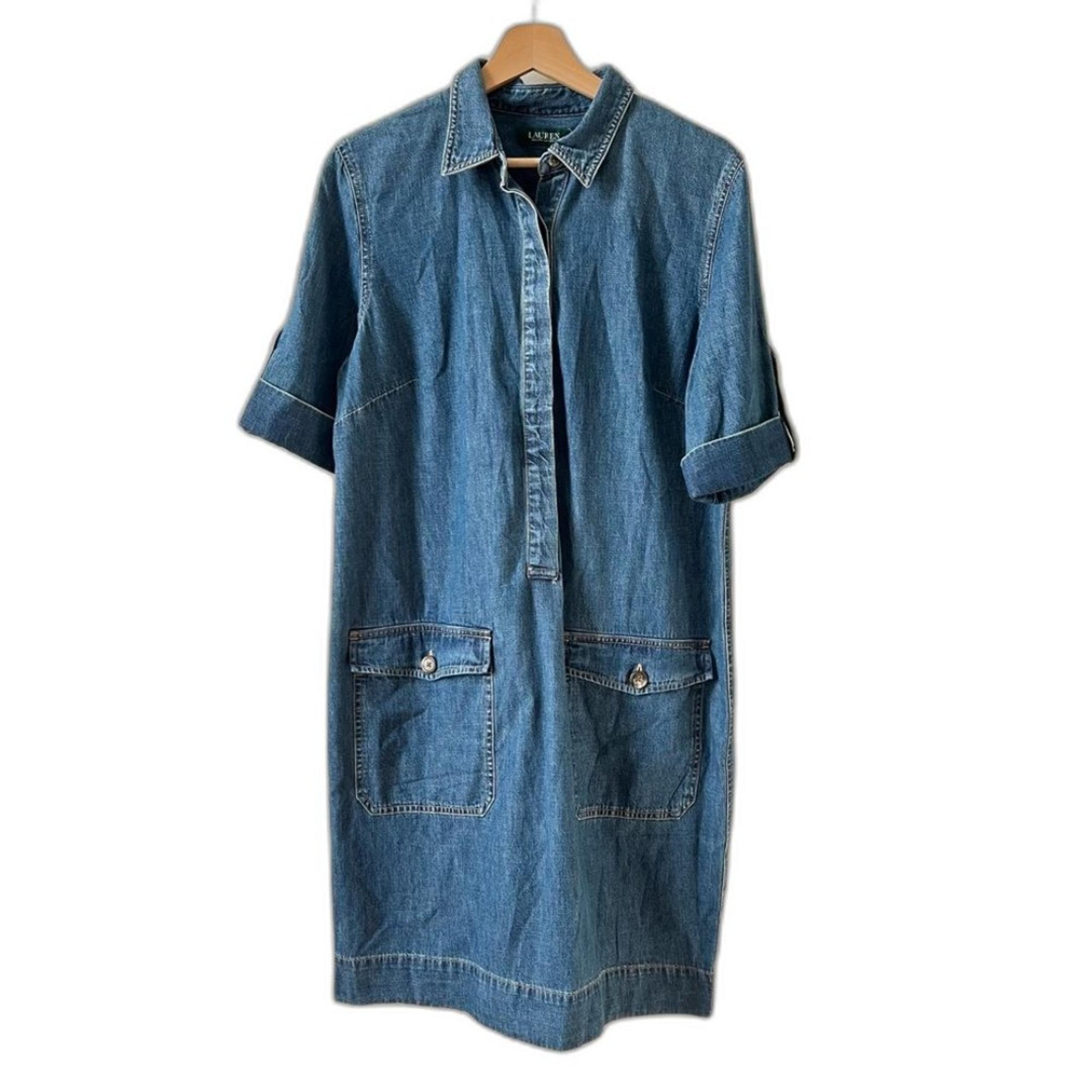 Ralph Lauren Womens Dark Wash Half Button Down Denim Shirt Dress Size Large NWT