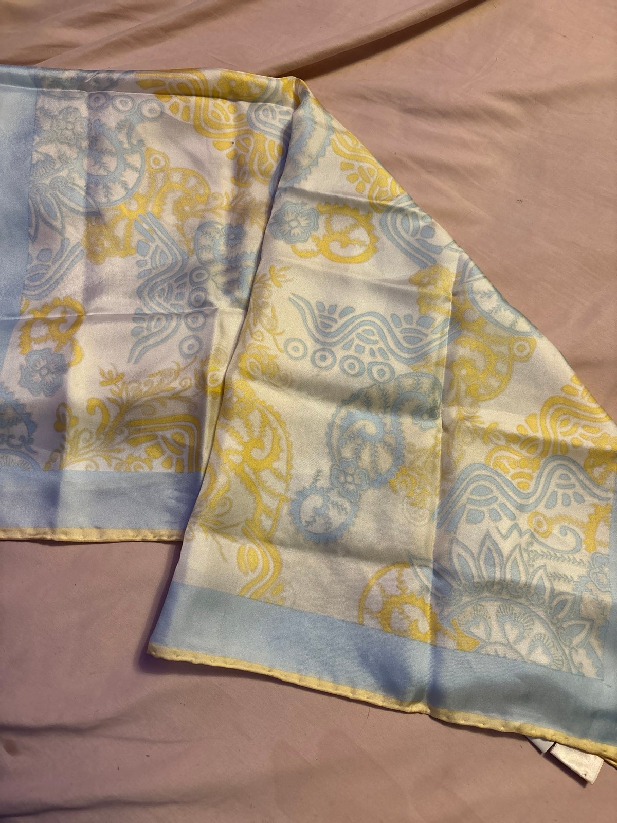 Vintage Tanner Light Blue & Yellow Design 100% Silk Scarf, 27”x 27”