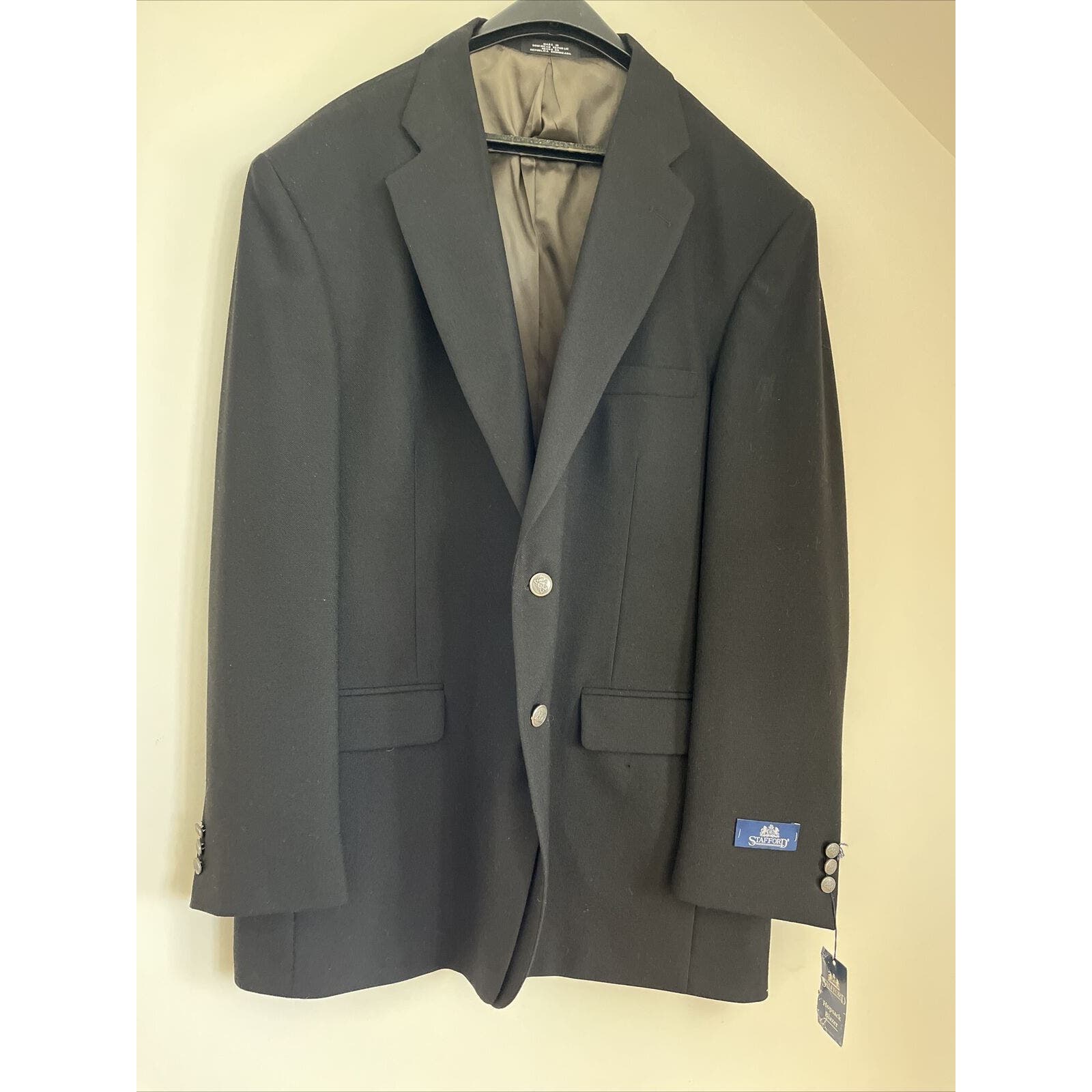 NWT Stafford Hopsack Blazer Mens 46L Black Metal Button Wool Blend Jacket