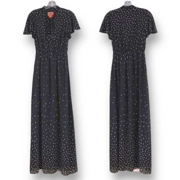ModCloth Chiffon Maxi Dress Black White Leaf Print Short Flutter Sleeve Bow Tie