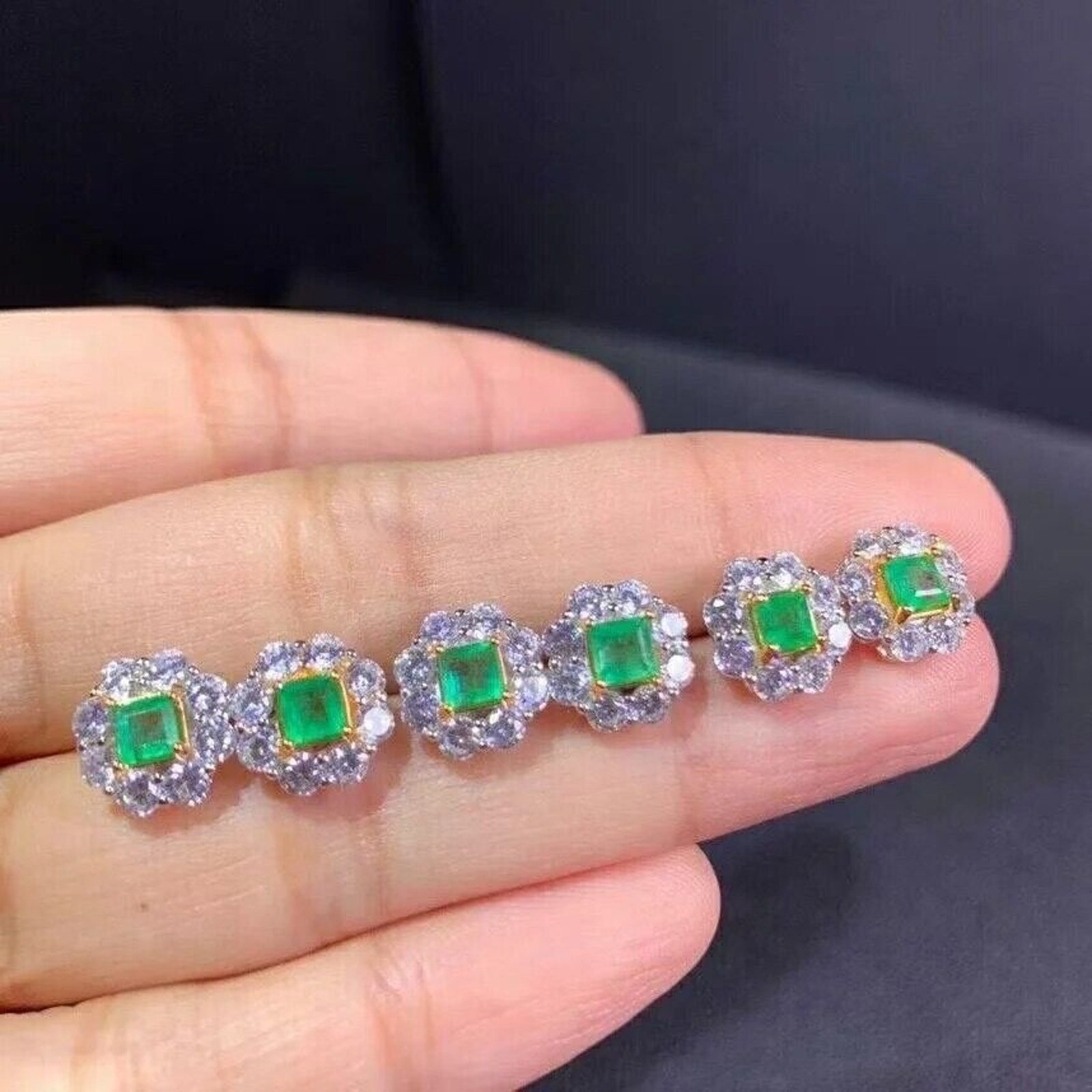 Two Tone Emerald Stud Earrings, Women's Stud Earrings, Natural Emerald Earrings