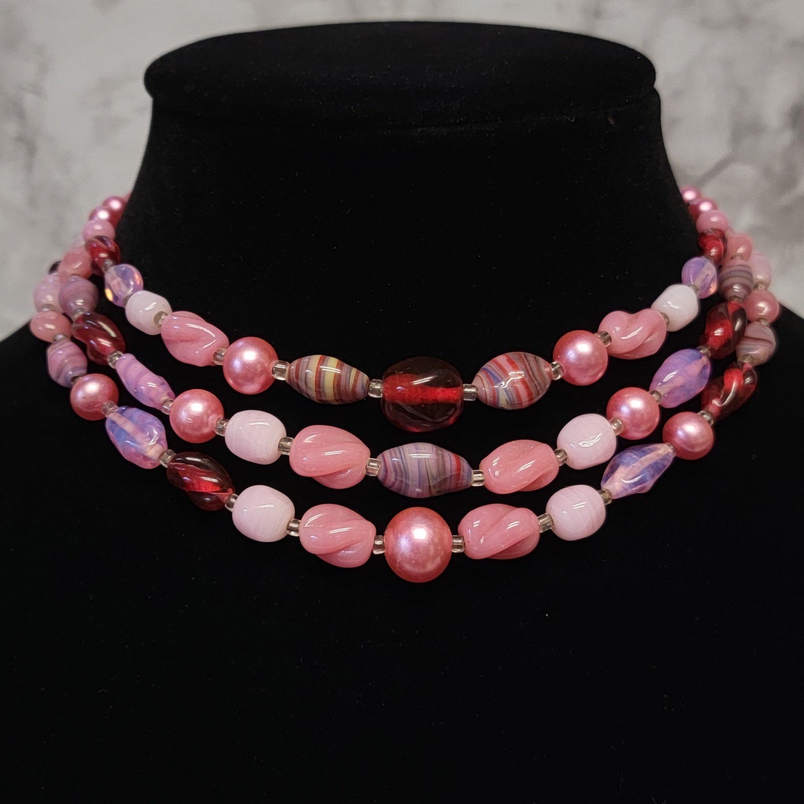 VTG 60s Pink Beaded Choker Necklace Purple Red Multi Strand Art Glass MCM Japan