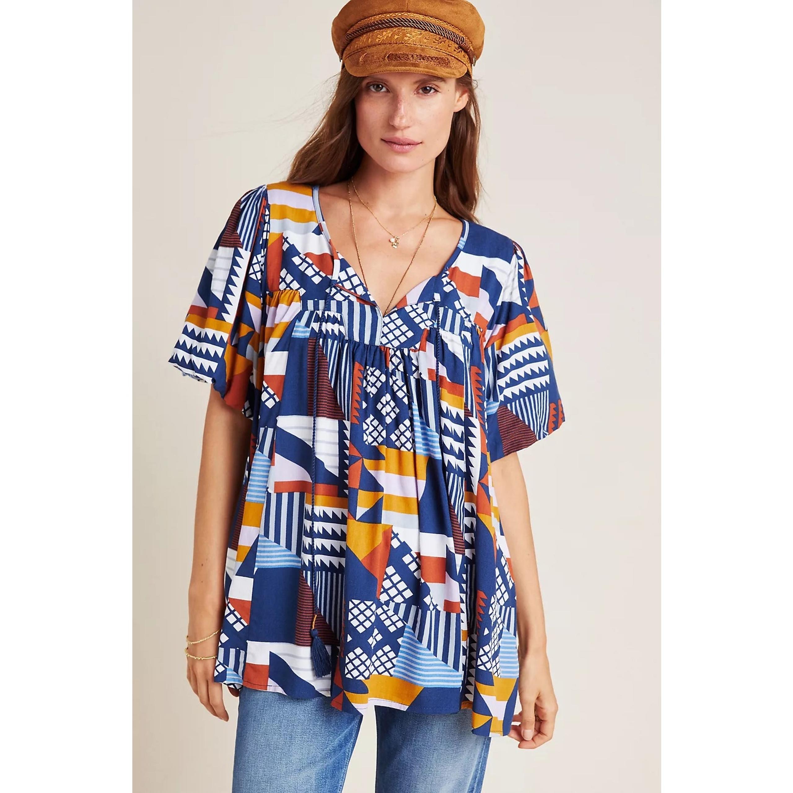 Anthro Ventura Multi Colored Abstract Blouse Top Size Medium - Porridge