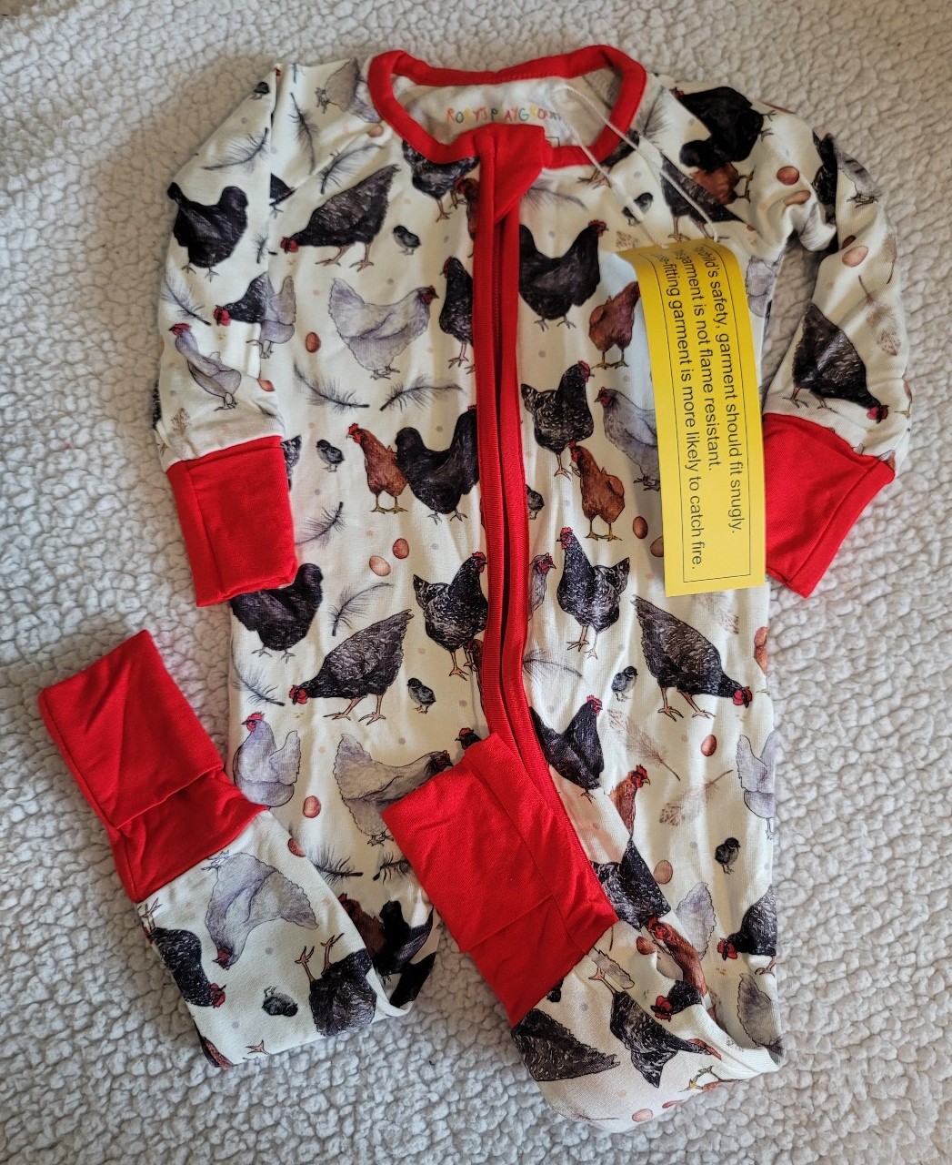 Chicken print bamboo zip sleeper. 3-6 months. NWT