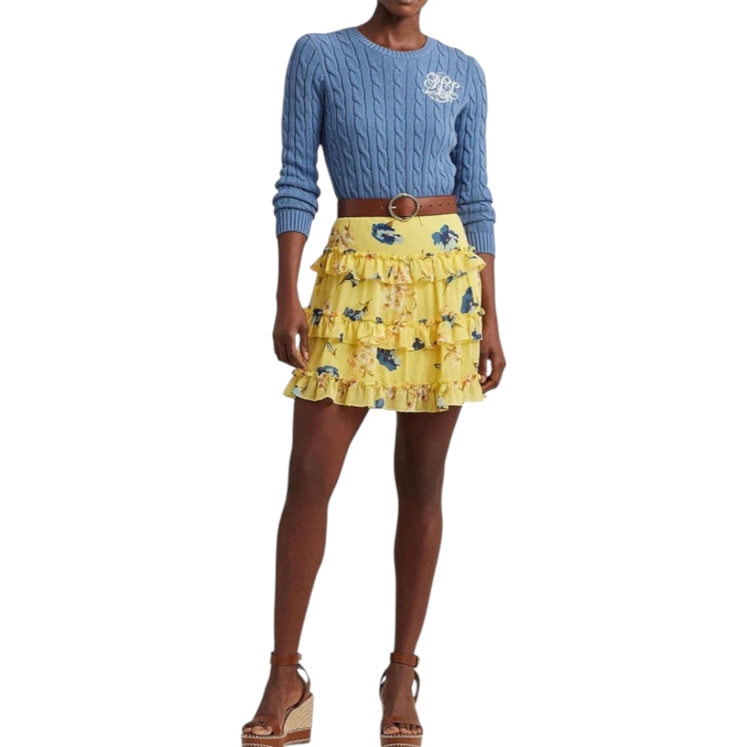 Lauren Ralph Lauren Yellow Floral Tiered Ruffle Skirt - Size 12