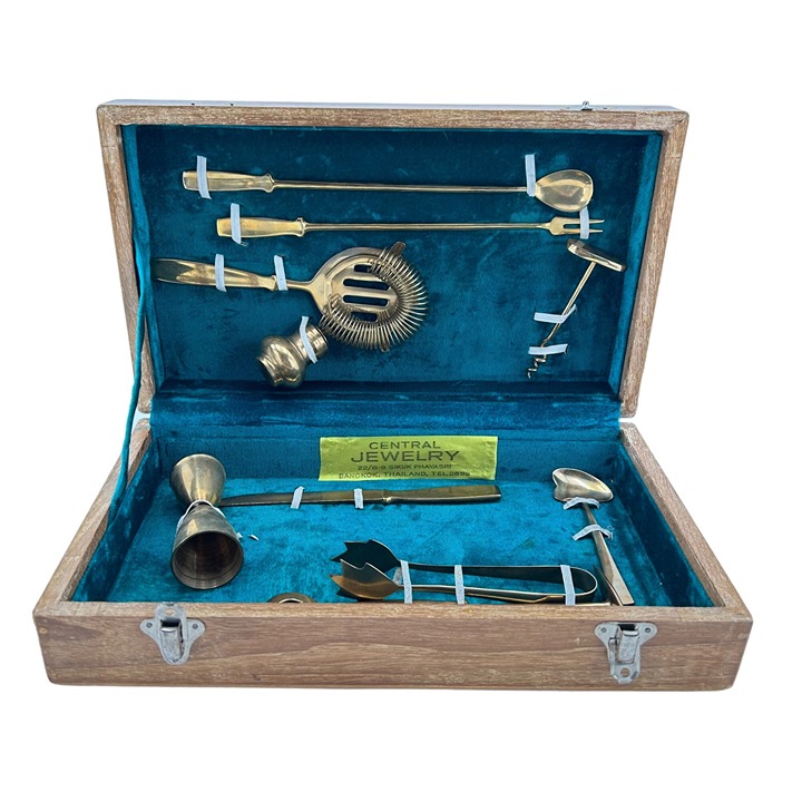 Vintage Central Jewelry Bangkok Brass Bar Tool Set in Wooden Box with Blue Velve