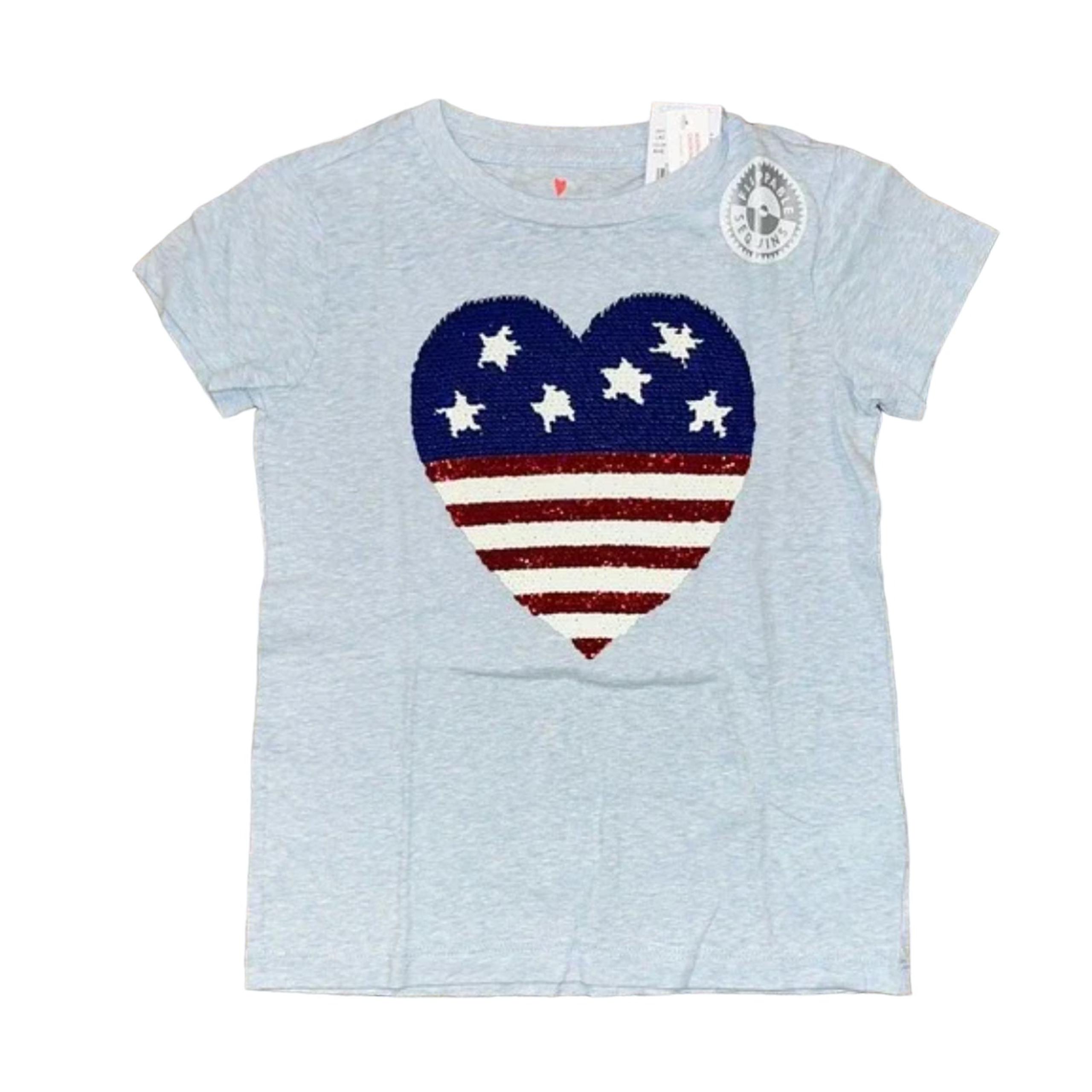 NWT J. Crew Girls' Blue 4th of July W/Flip Sequin Heart Flag T-Shirt - SIZE 4-5