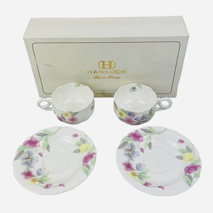 Hankook Bone China England Original Tech Teacup Saucers 2 Sets Korea NIB Floral