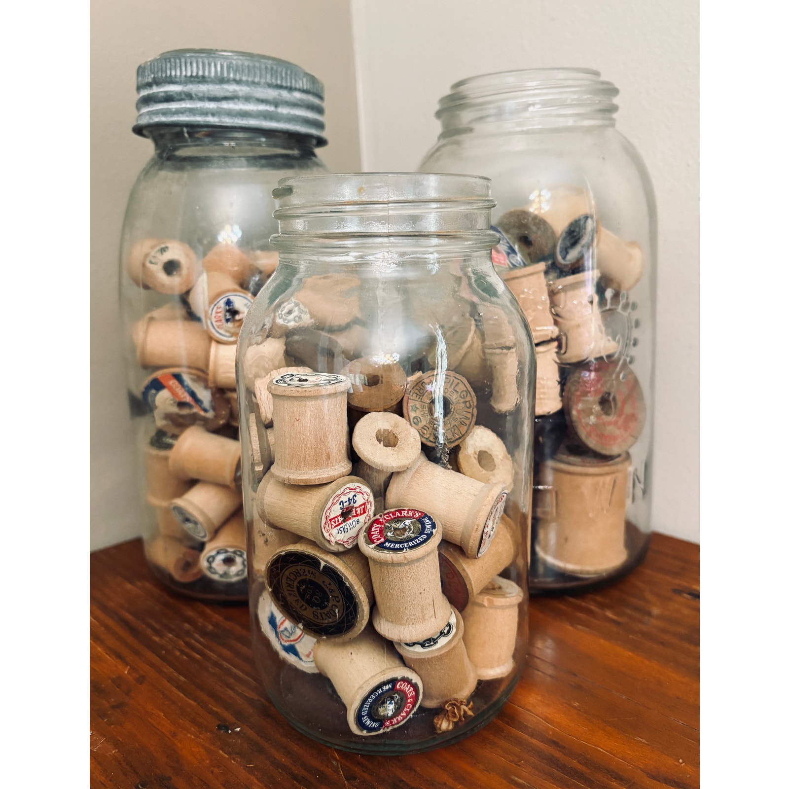 Set of 3 Antique Mason Jars with Vintage Wooden Spools