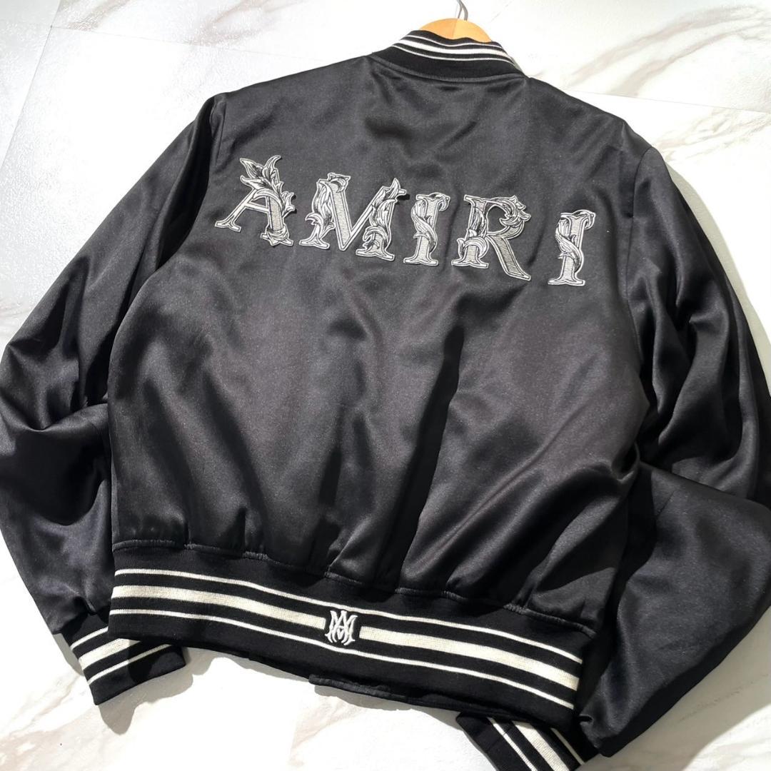 Excellent Condition Amiri MA QUAD Logo Silk Satin Baseball Jacket Black
