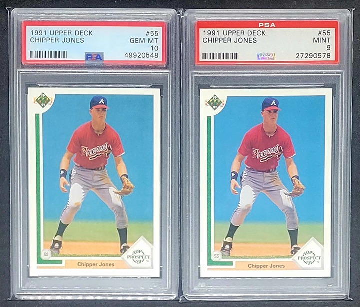 (2) 1991 UPPER DECK CHIPPER JONES RC #55 PSA 10 GEM MINT PSA 9 MINT BRAVES HOF