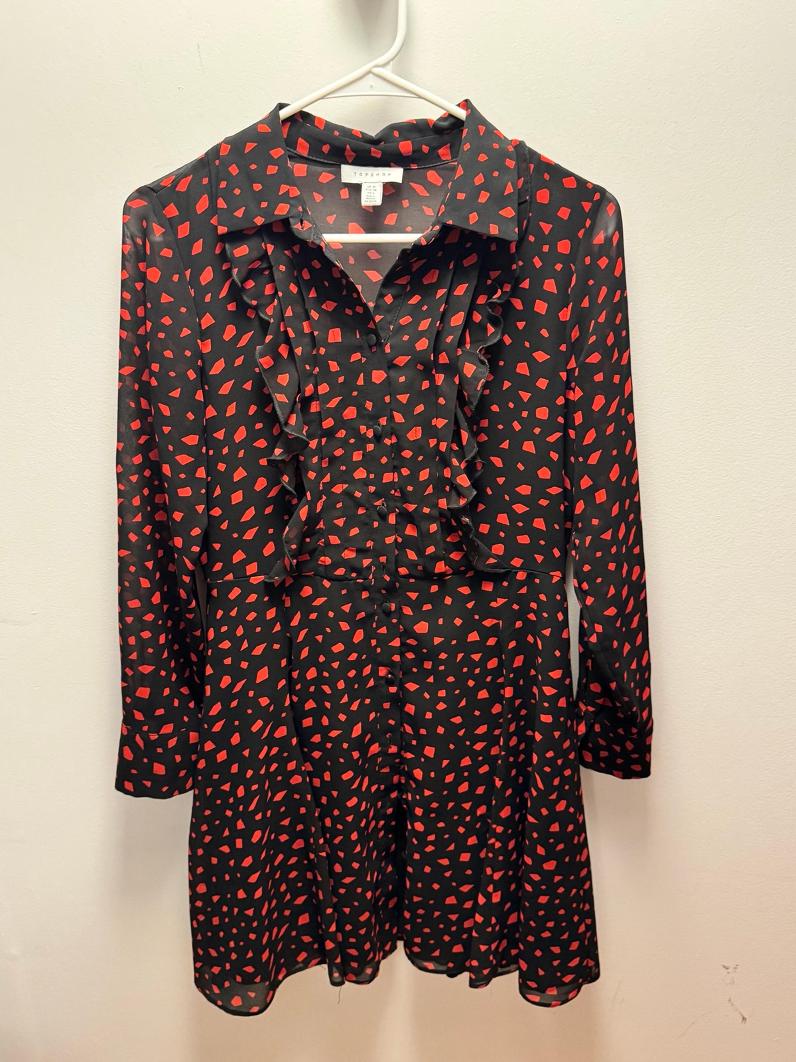 Topshop button down shirt dress - size 6 - black and red - a-line
