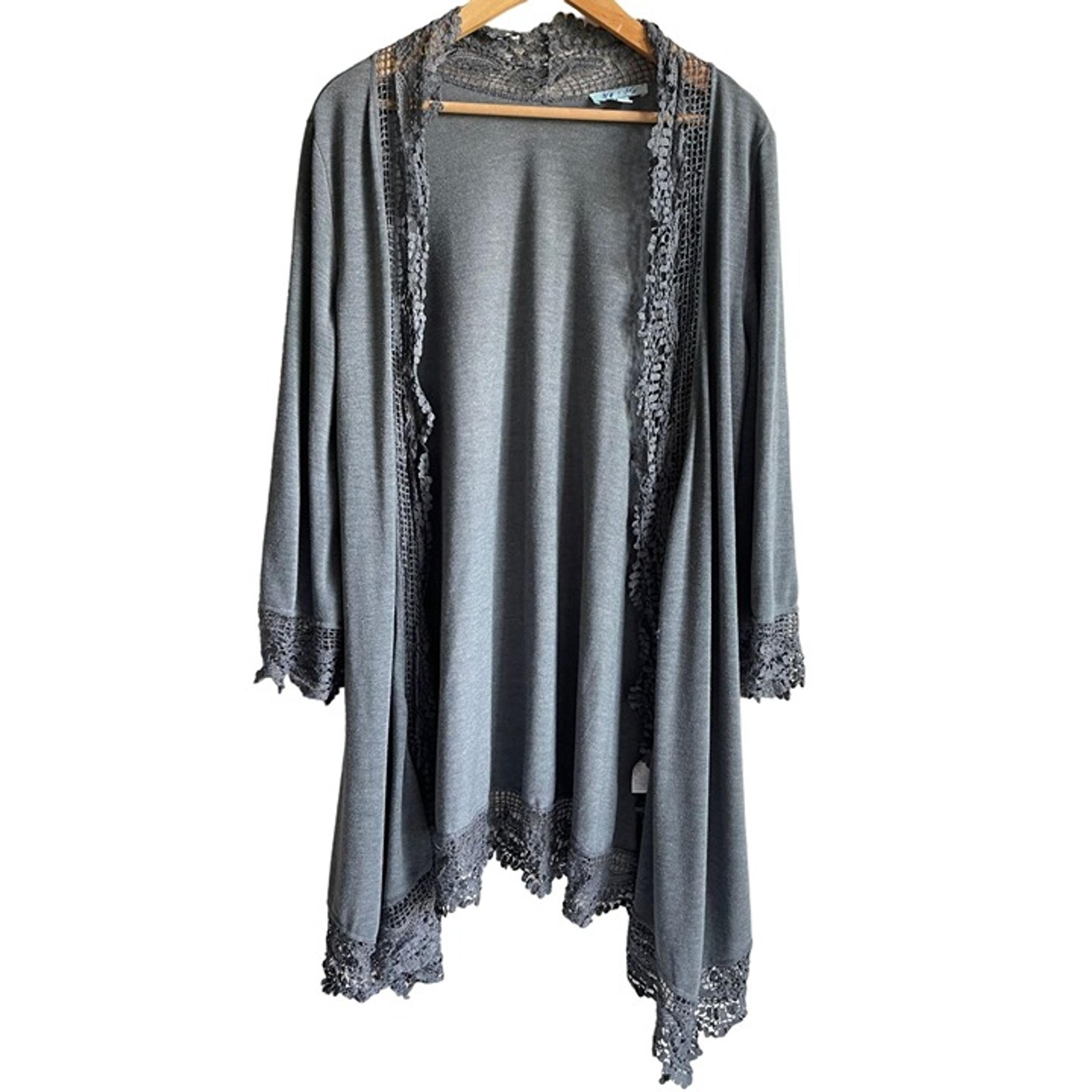 She + Sky Women's Gray Crochet Trim Open Duster Cardigan Sweater Size Large