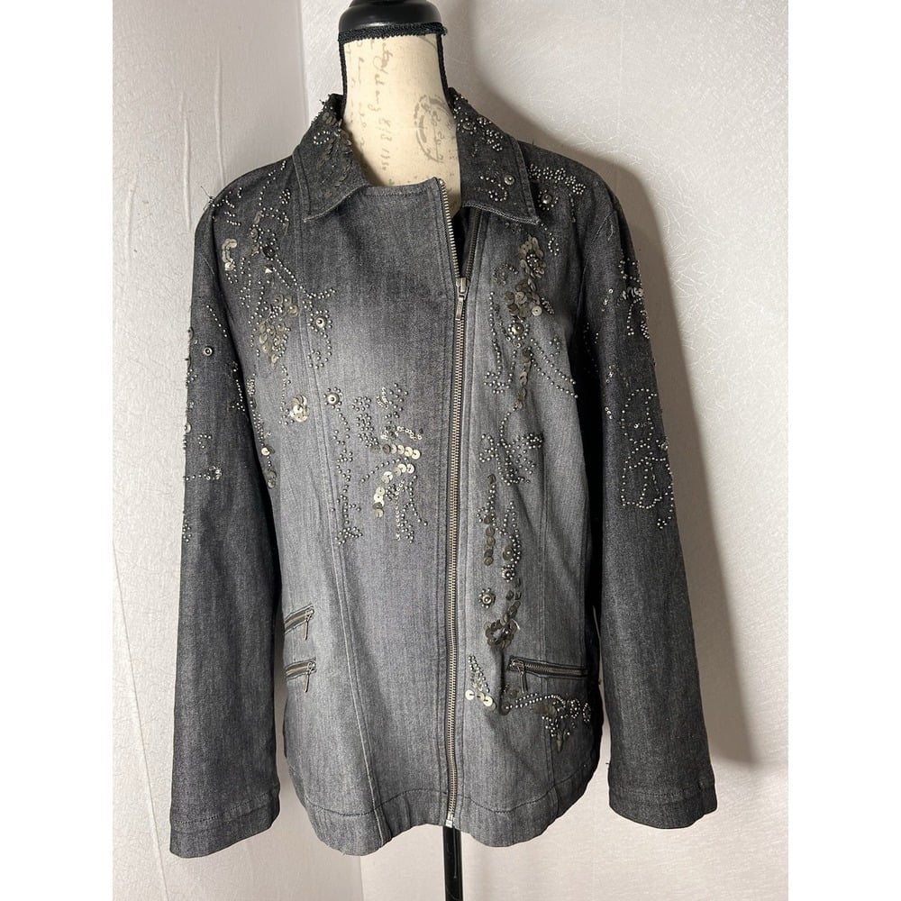 CHICOS Size 3 Black Denim Embellished Jean Jacket Asymmetrical Zipper