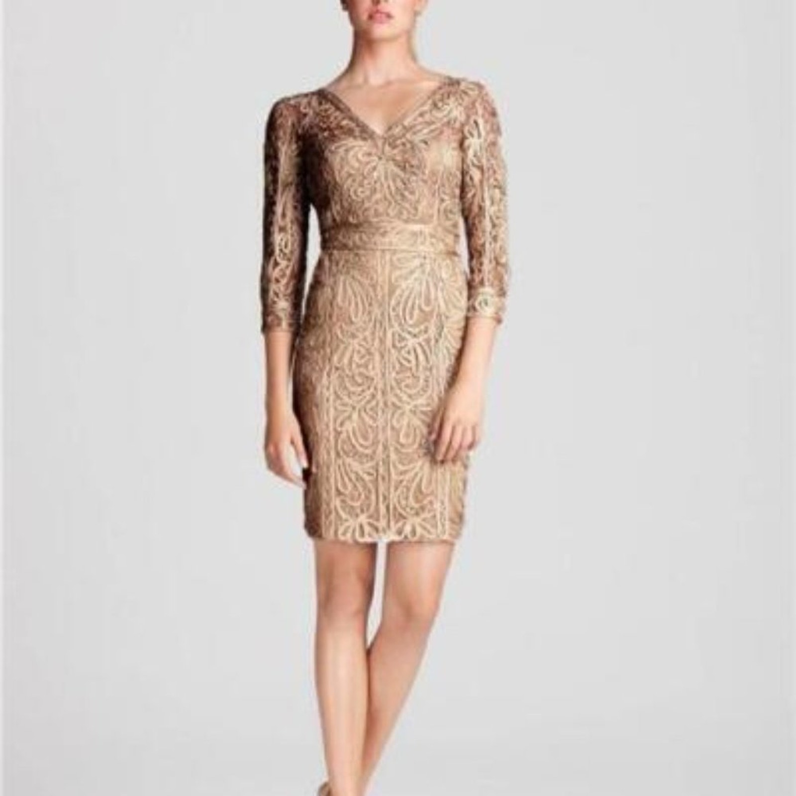 Sue Wong Lace Embroidered Cocktail Sheath Dress Size 12 Beige V Neck 3/4 Sleeve
