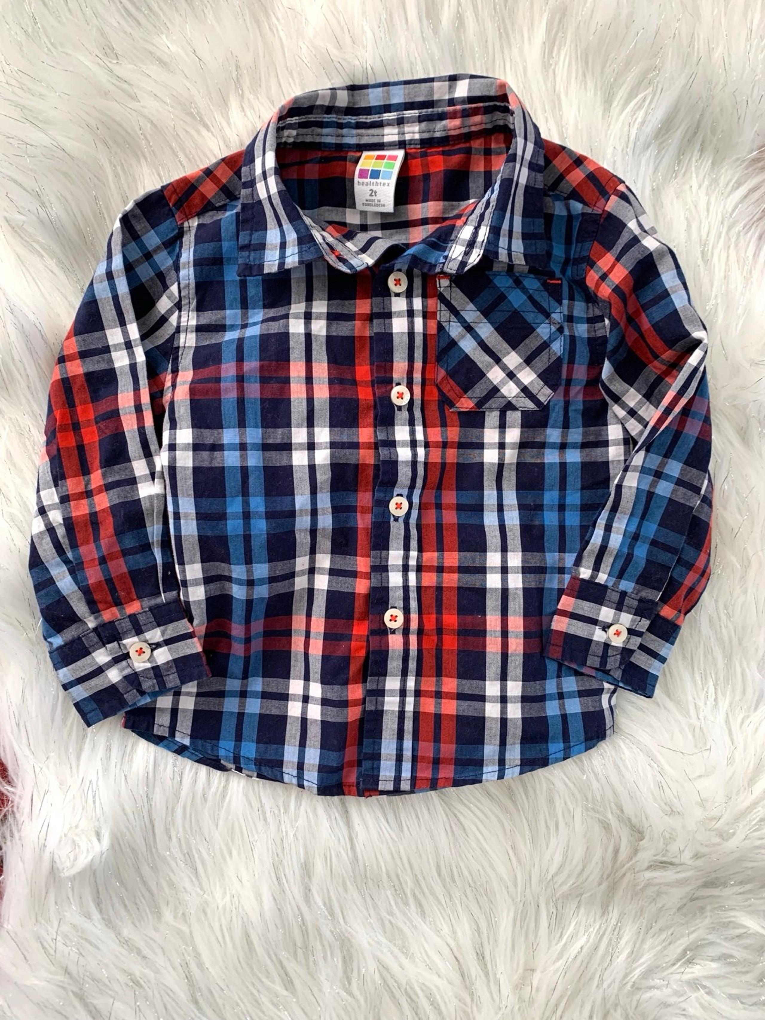 Boys long sleeve dress shirt button up. Red, white & blue. Size 2T.