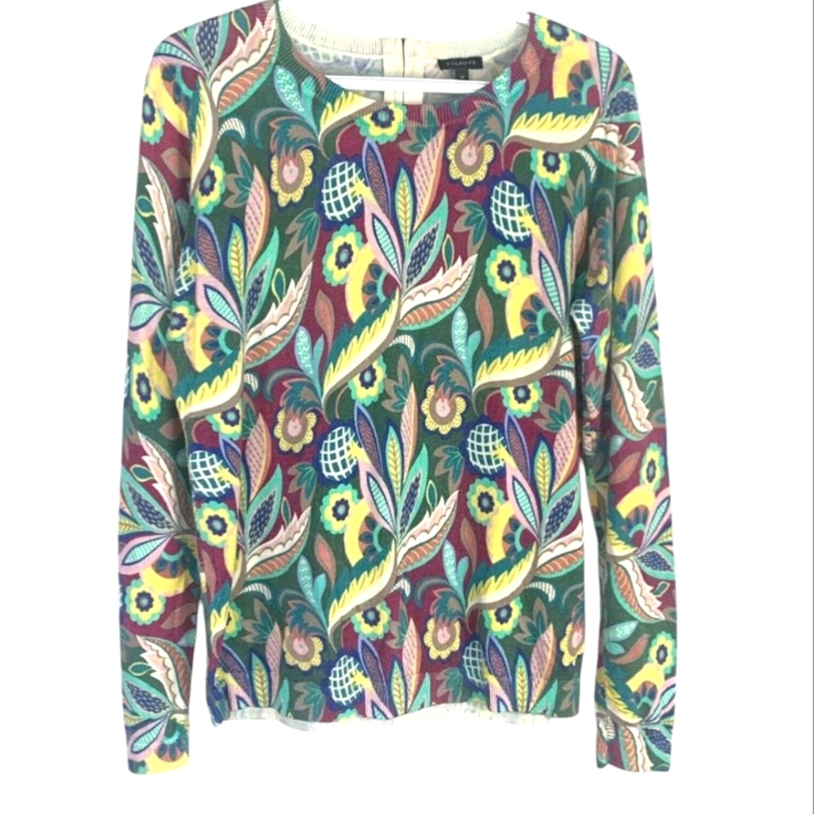Talbots Lightweight Rayon Cotton Blend Zip Back Floral Crewneck Sweater Medium