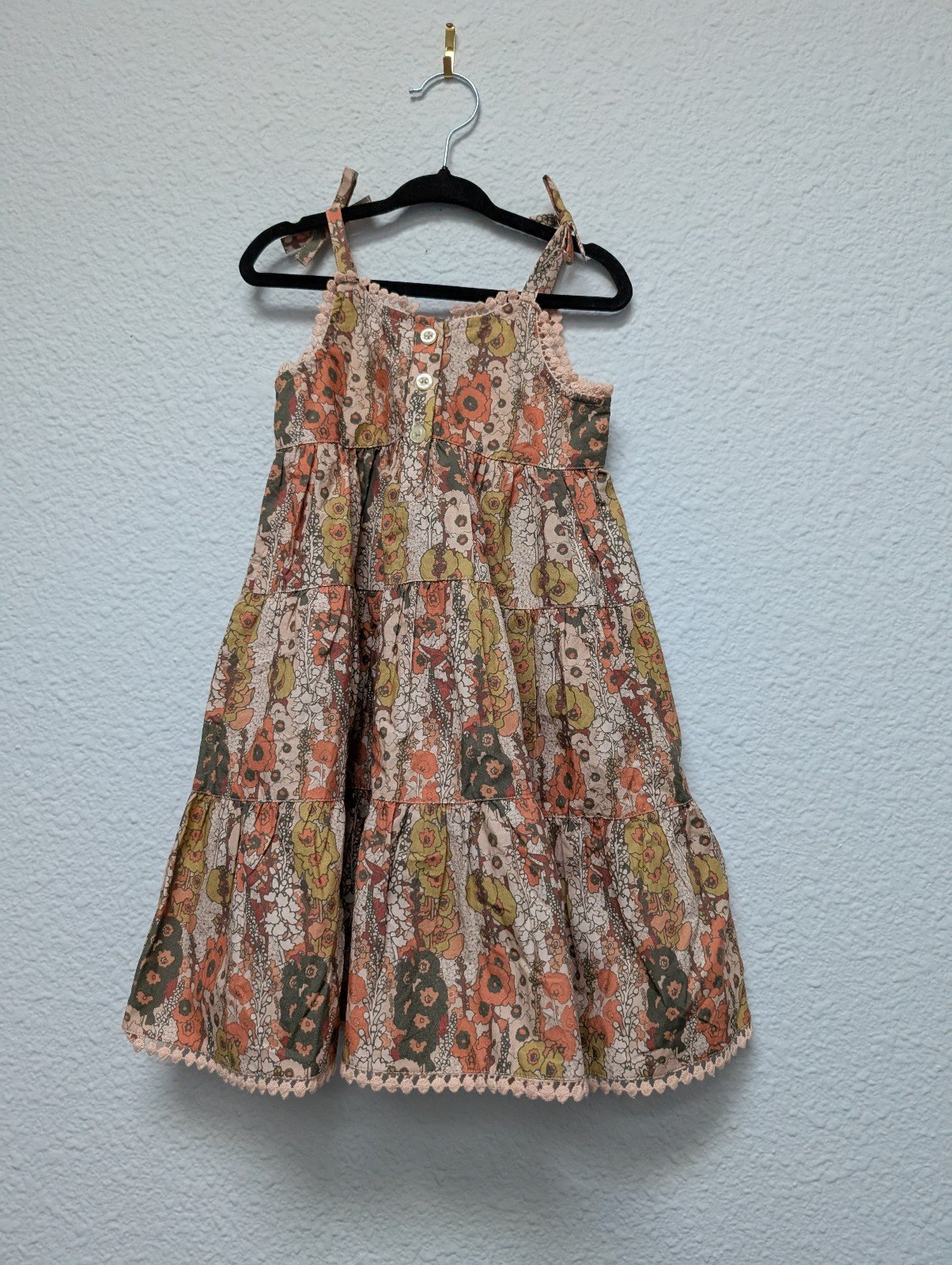 Kate Quinn Peach Hollyhocks Organic Cotton Spaghetti Tie Henley Prairie 12-18