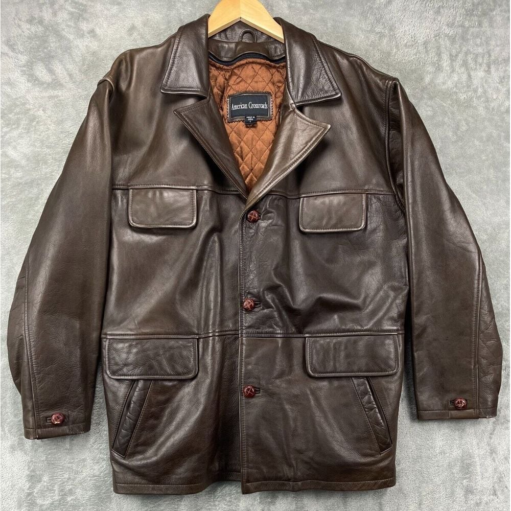 American Crossroads Men's Leather Jacket Size Large Brown Button Up