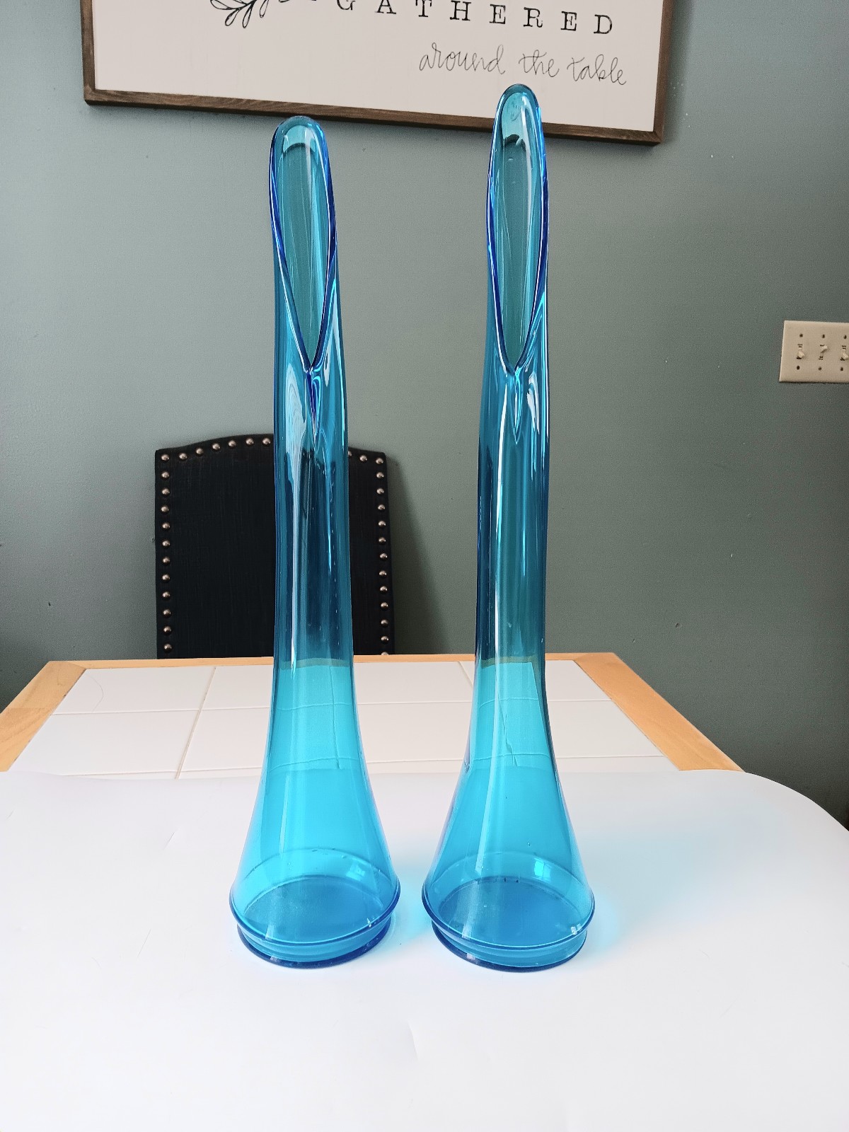 HTF houze 20 peacock swung Vase Tall Blue Mid Century Art Glass Decor Set Of 2