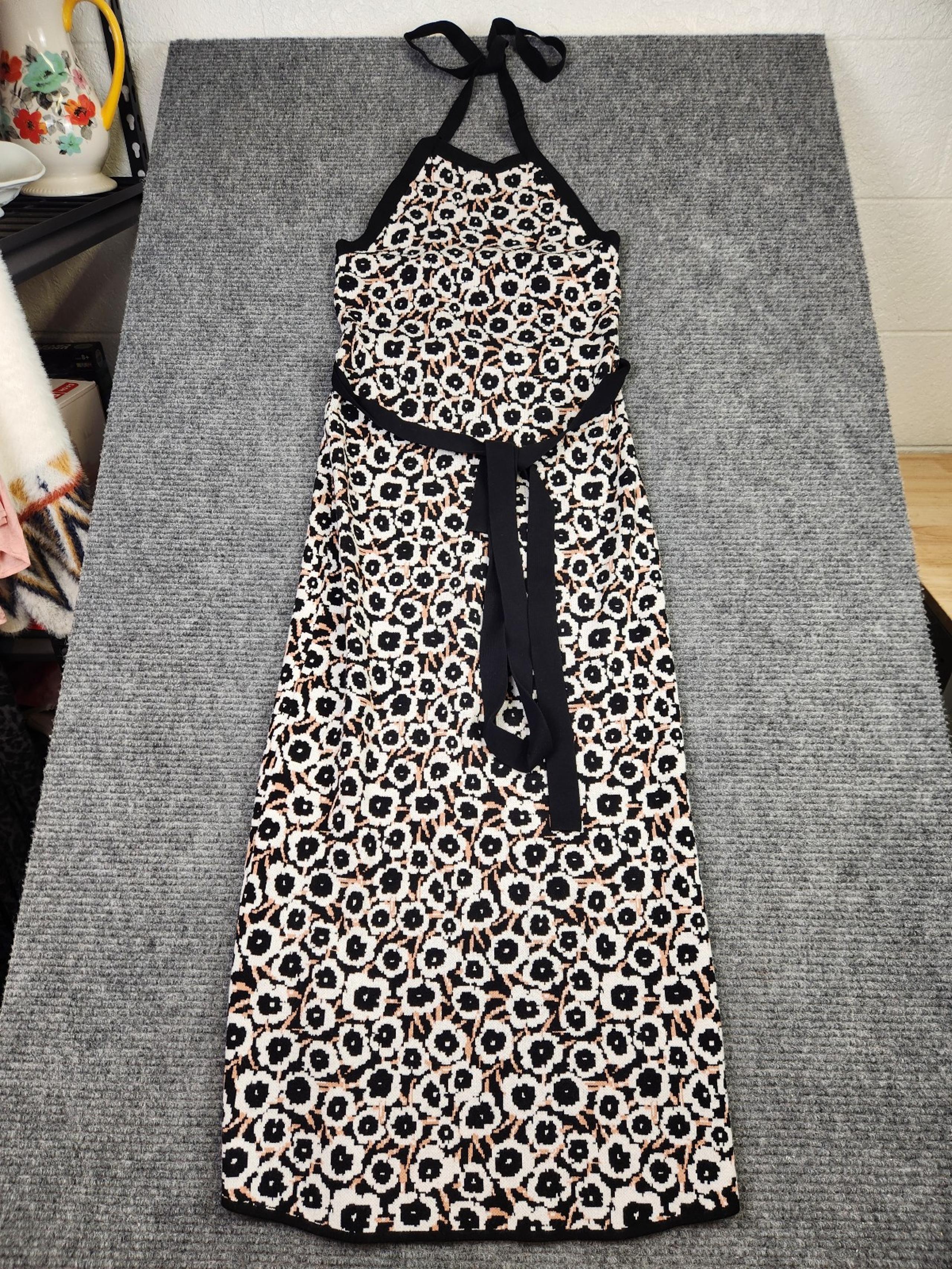 Diane von Furstenburg Target Halter Tie Neck Neutral Poppy Knit Maxi Dress Sz S