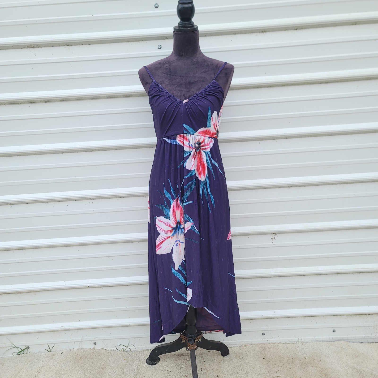 CATHERINE MALANDRINO Purple Floral Halter Dress Hi Low Tie Neck Stretch Lined S