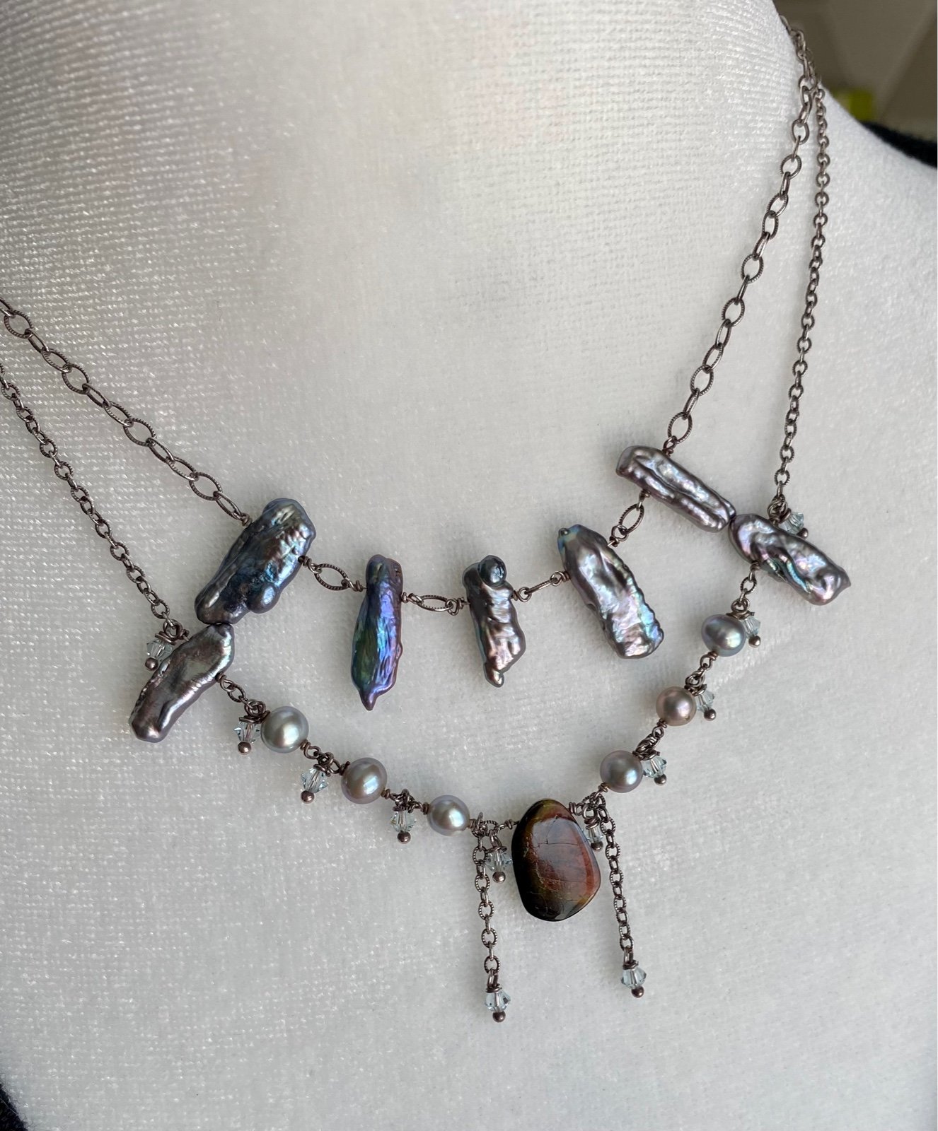 Pearl and Tourmaline Sterling Silver Neckace