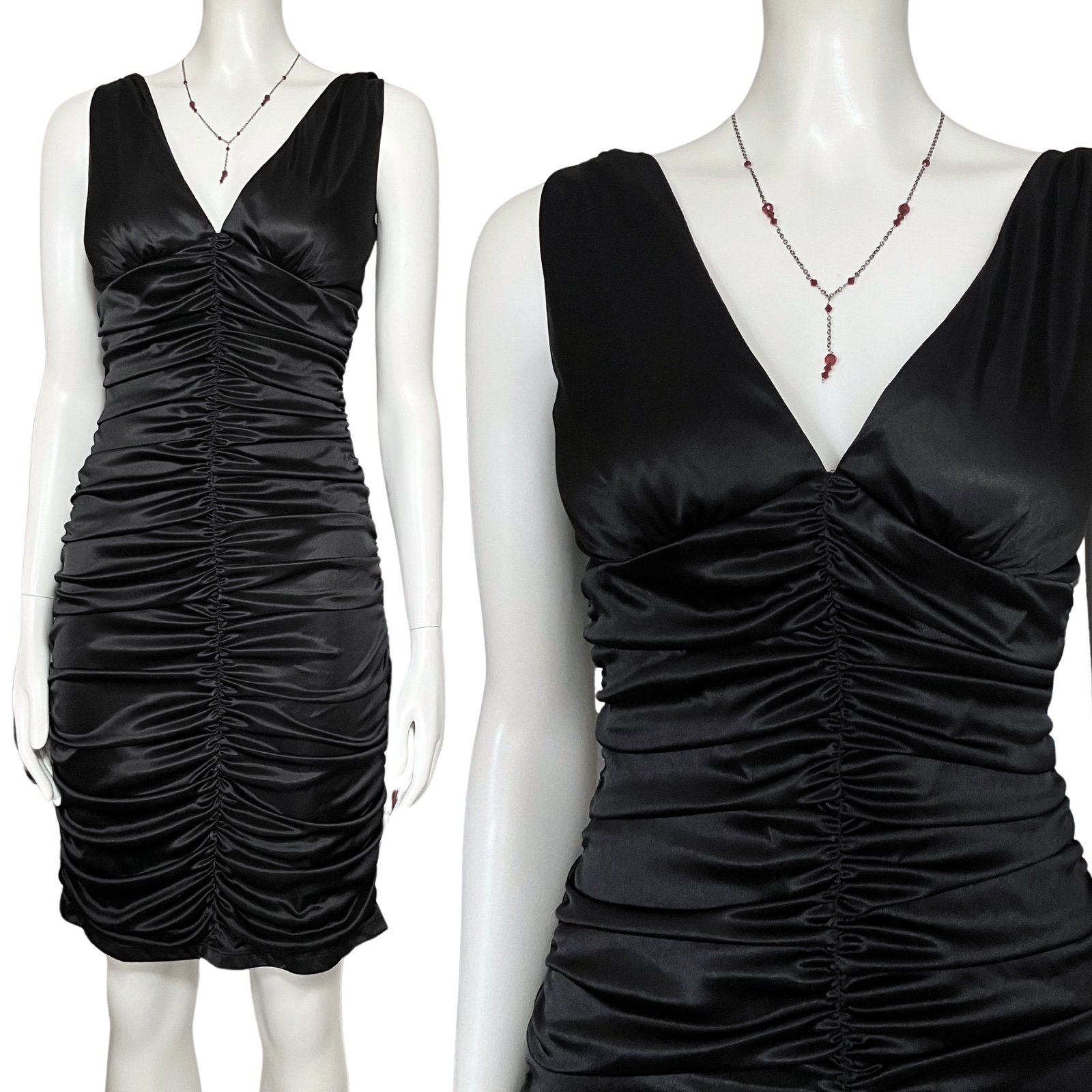 Vintage Y2K Black Satin Ruched V Neck Midi Cocktail Party Dress. XS. Graduation