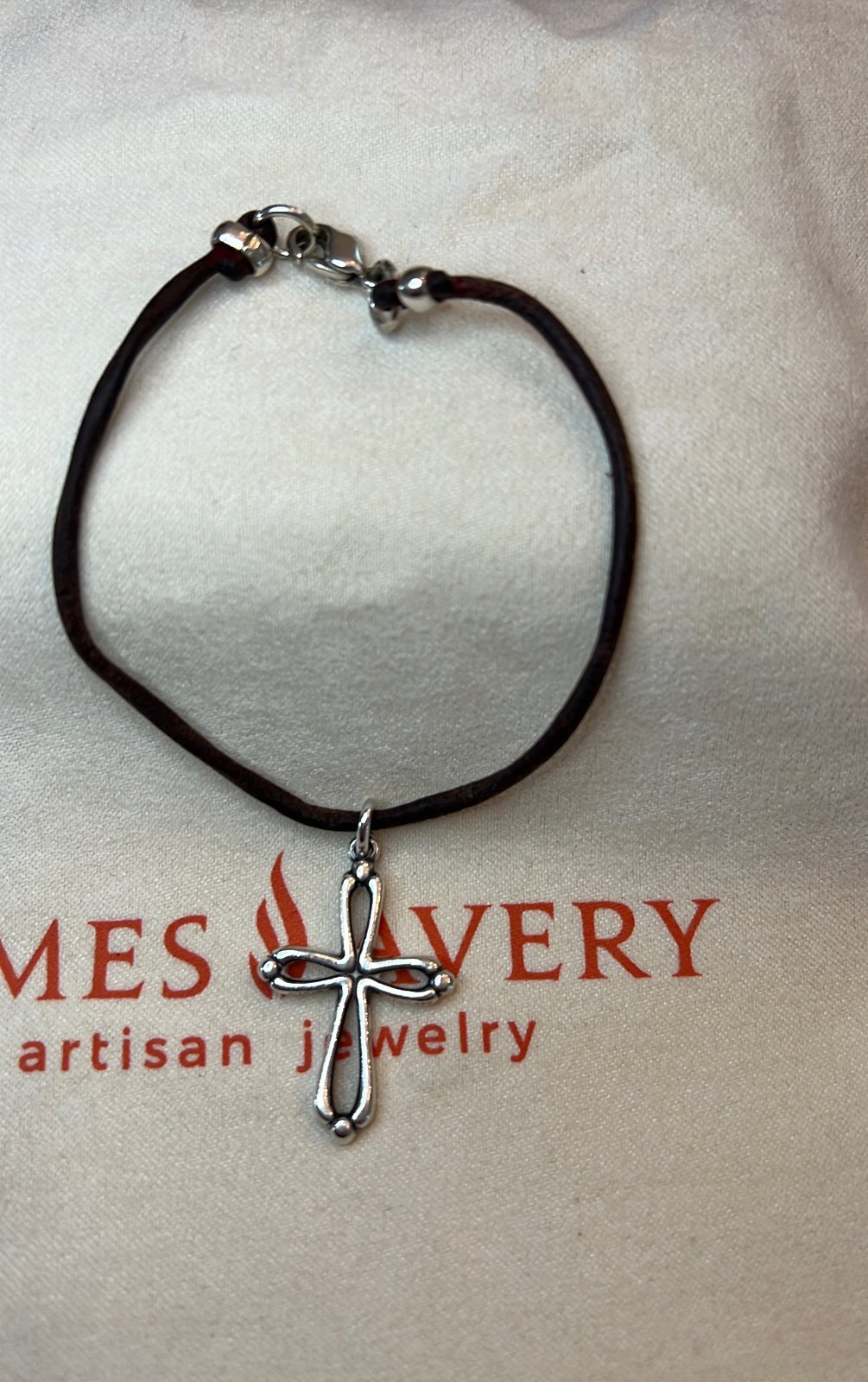 James Avery open Cross Sterling Silver Charm with leather bracelet