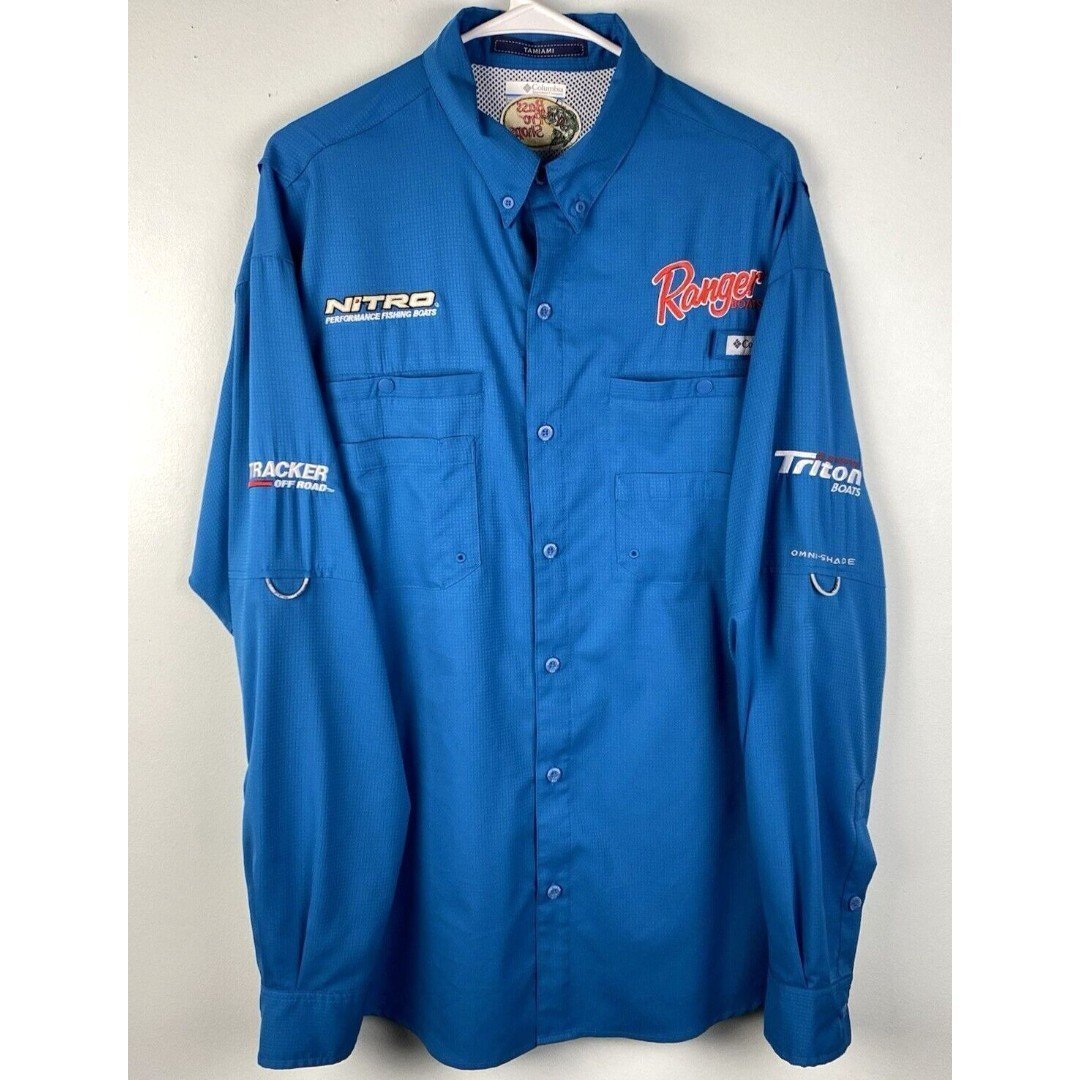Columbia PFG Mens Large Blue Tamiami Performance Fishing Patches L/S Button Up