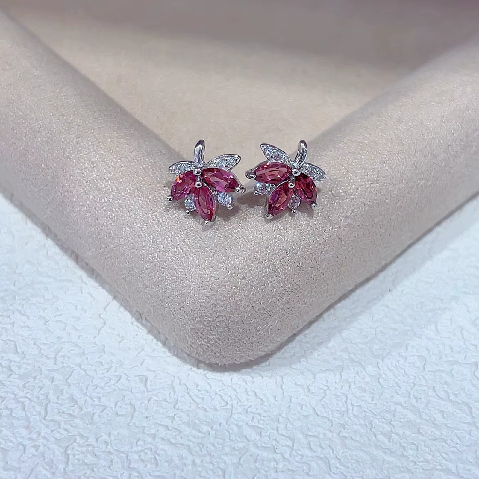 Natural Rhodolite Garnet Stud Earrings, Pink Garnet Leaf Earrings