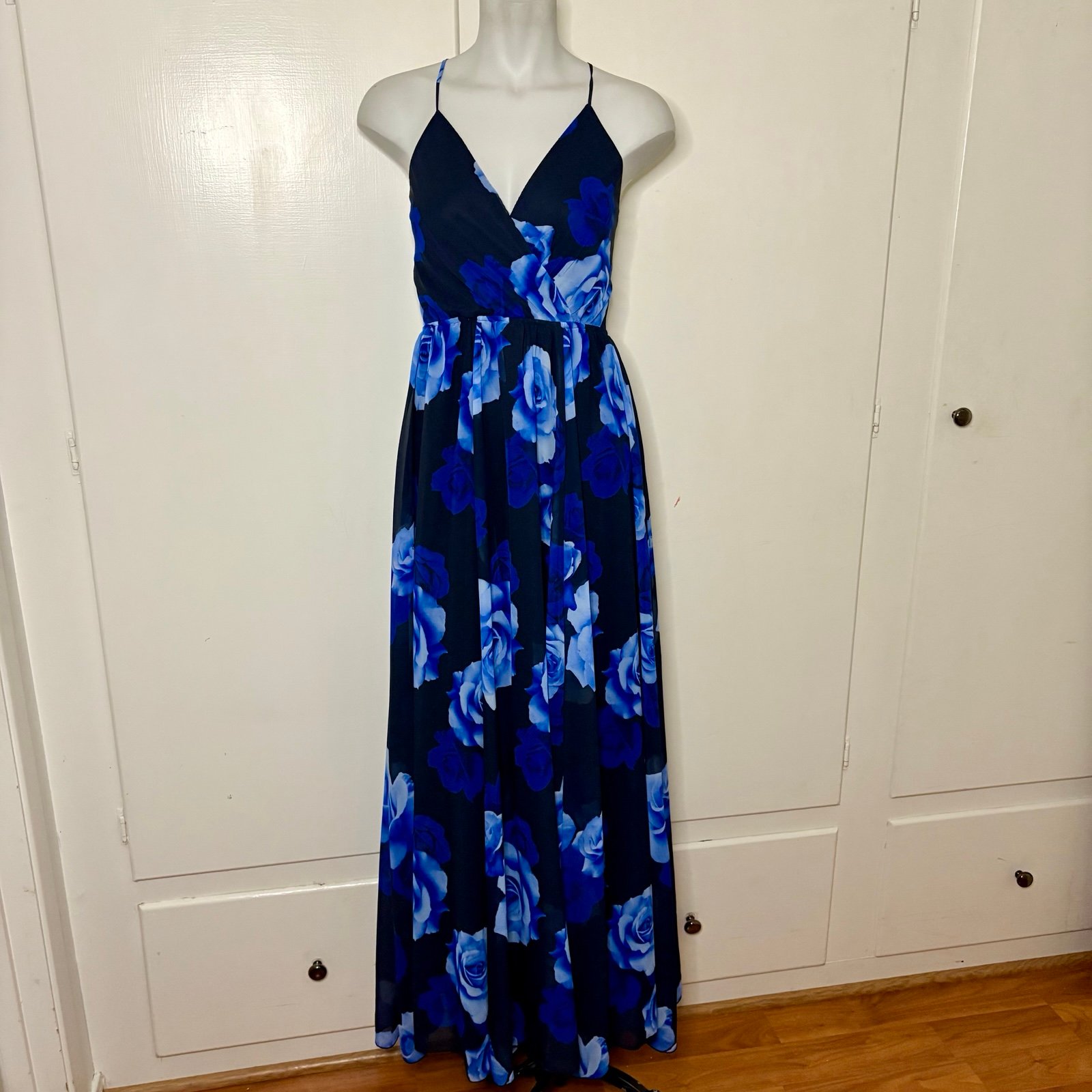 Lulu’s Only in Dreams Navy Blue Rose Print Open Back Maxi Dress