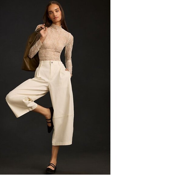 Anthropologie Maeve Pleated Barrel-Leg Chino Pants size 14 white