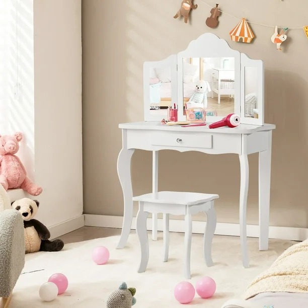 Girl's Vanity Desk with Mirror Set