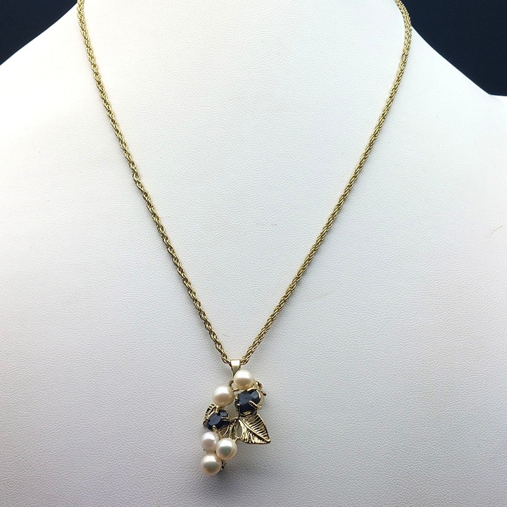 Blue Spinel & Pearl Pendant Necklace With Gold Tone Chain 18 Elegant Floral