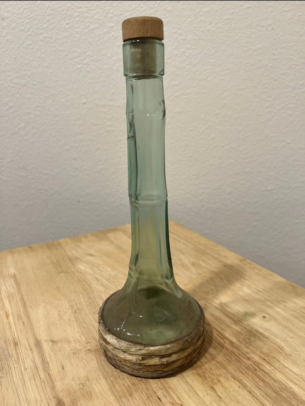 Antique Vintage Italian Bamboo Shaped Wine Bottle 10” Tall Tinted Green W/ Cork