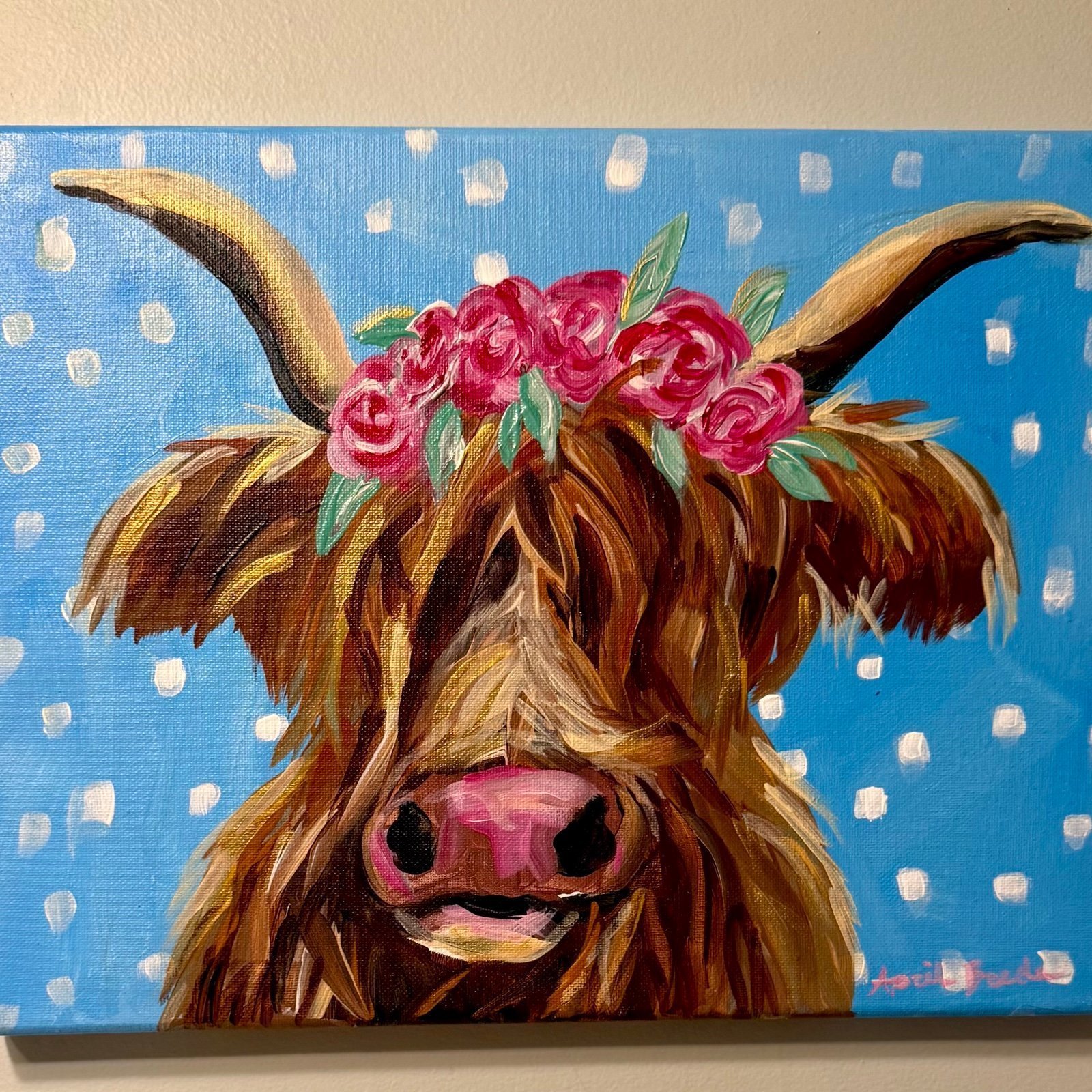 Original art Highland cow painting fun floral roses blue gold polkadots happy
