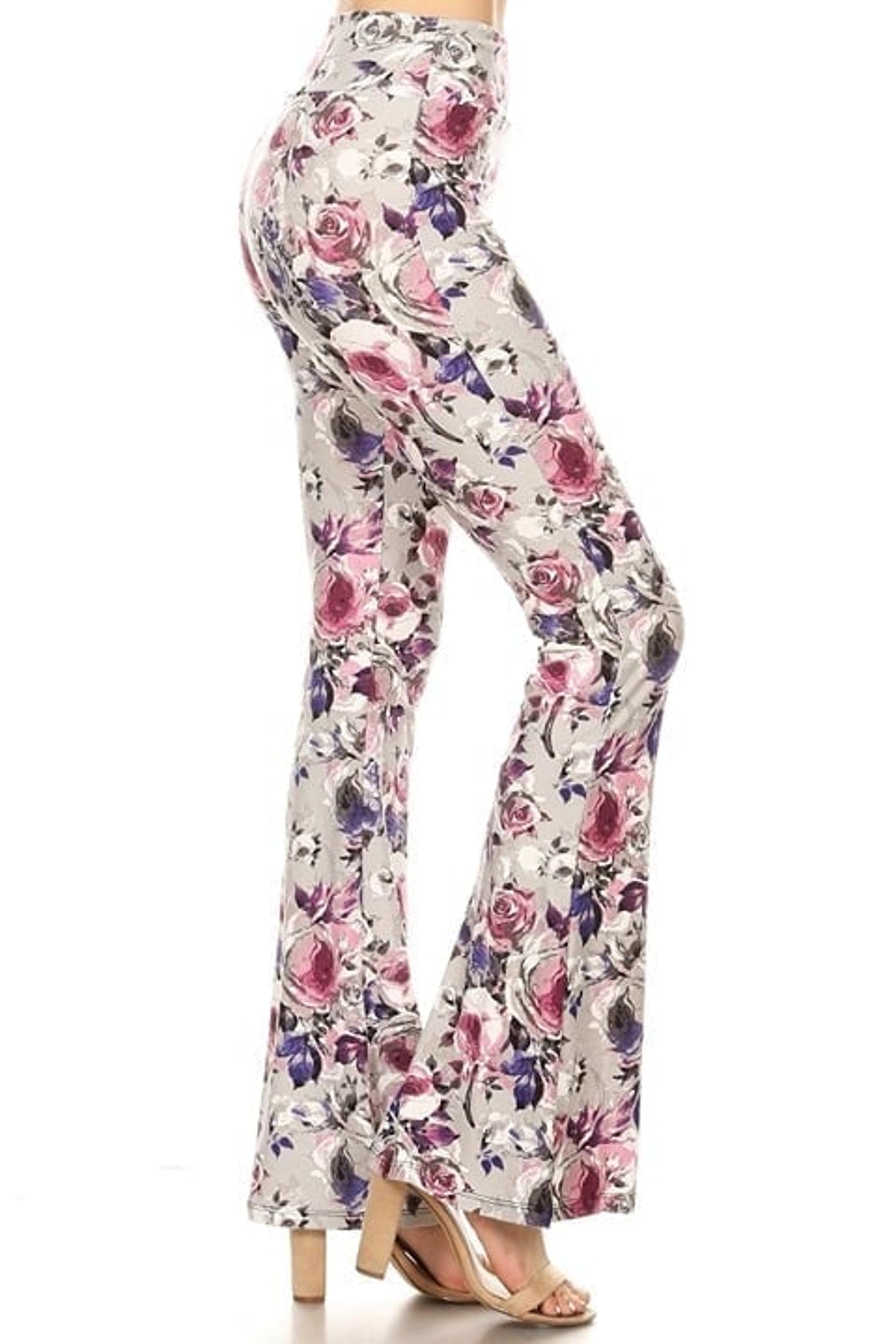 Womens Ultra Soft High Waist Flare Yoga Leggings Elastic Waist Flower Print S