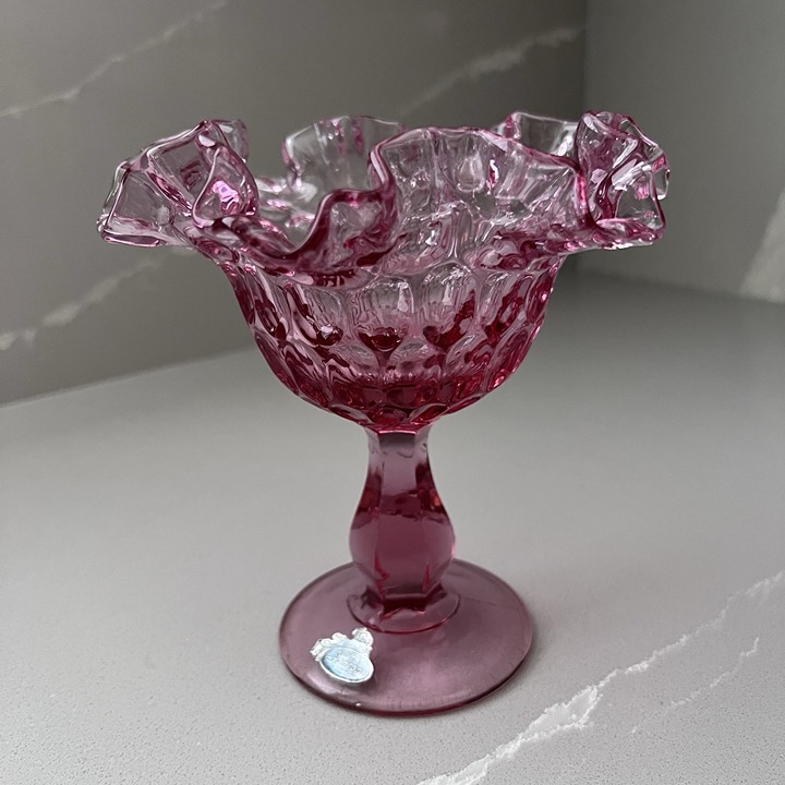 Fenton Art Glass Colonial Pink Thumbprint Candy Dish Footed Original Sticker